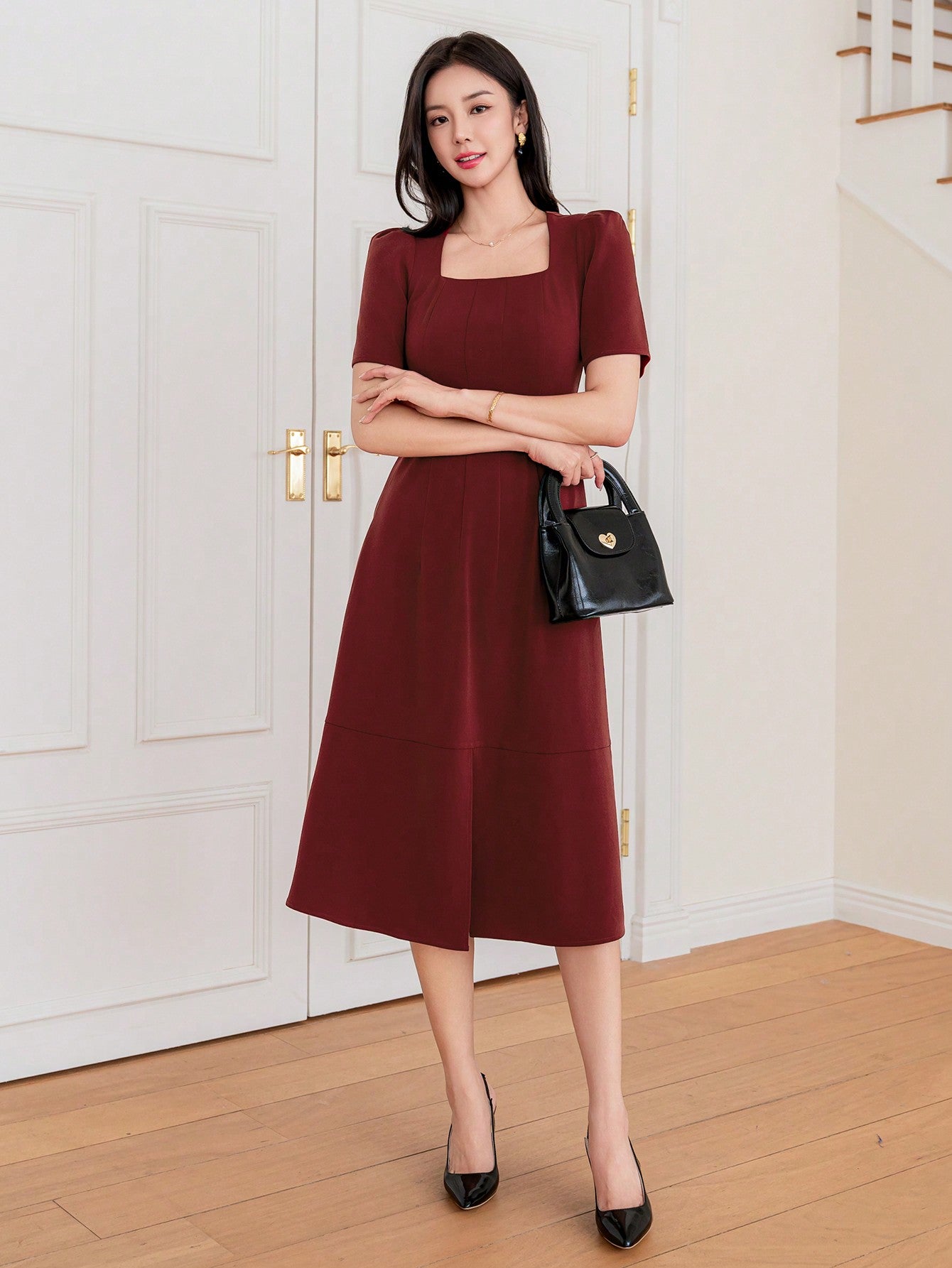 CM-DS828822 Women Elegant Seoul Style Solid Color Square Neckline Slit Dress - Red