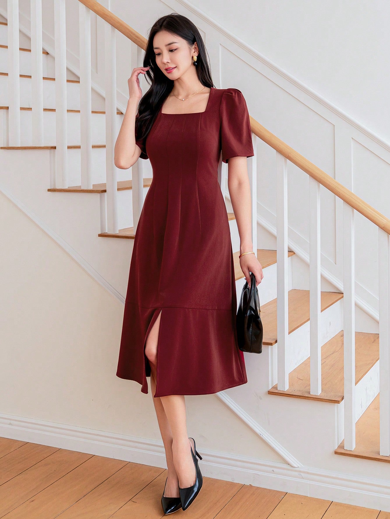 CM-DS828822 Women Elegant Seoul Style Solid Color Square Neckline Slit Dress - Red