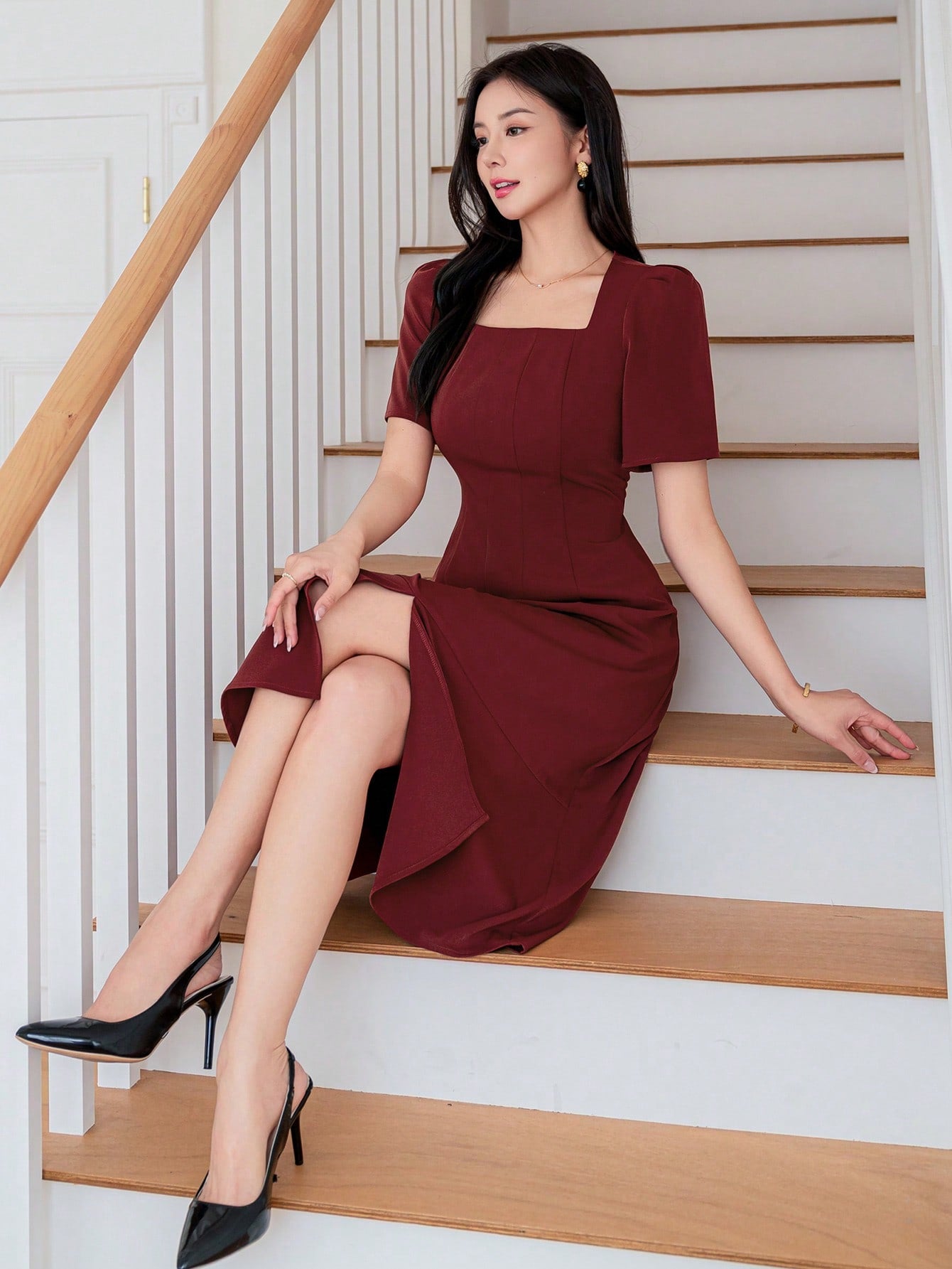 CM-DS828822 Women Elegant Seoul Style Solid Color Square Neckline Slit Dress - Red