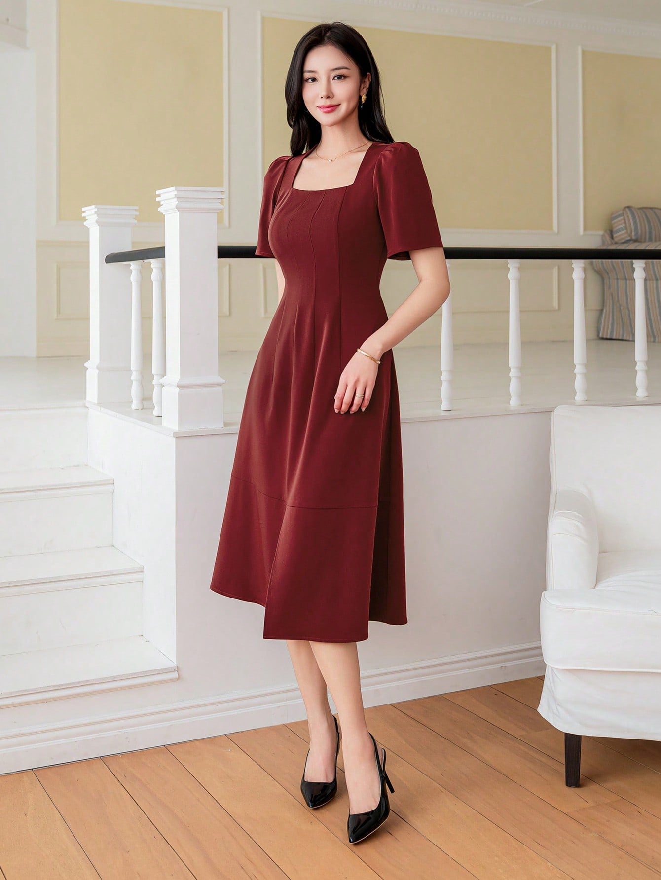 CM-DS828822 Women Elegant Seoul Style Solid Color Square Neckline Slit Dress - Red