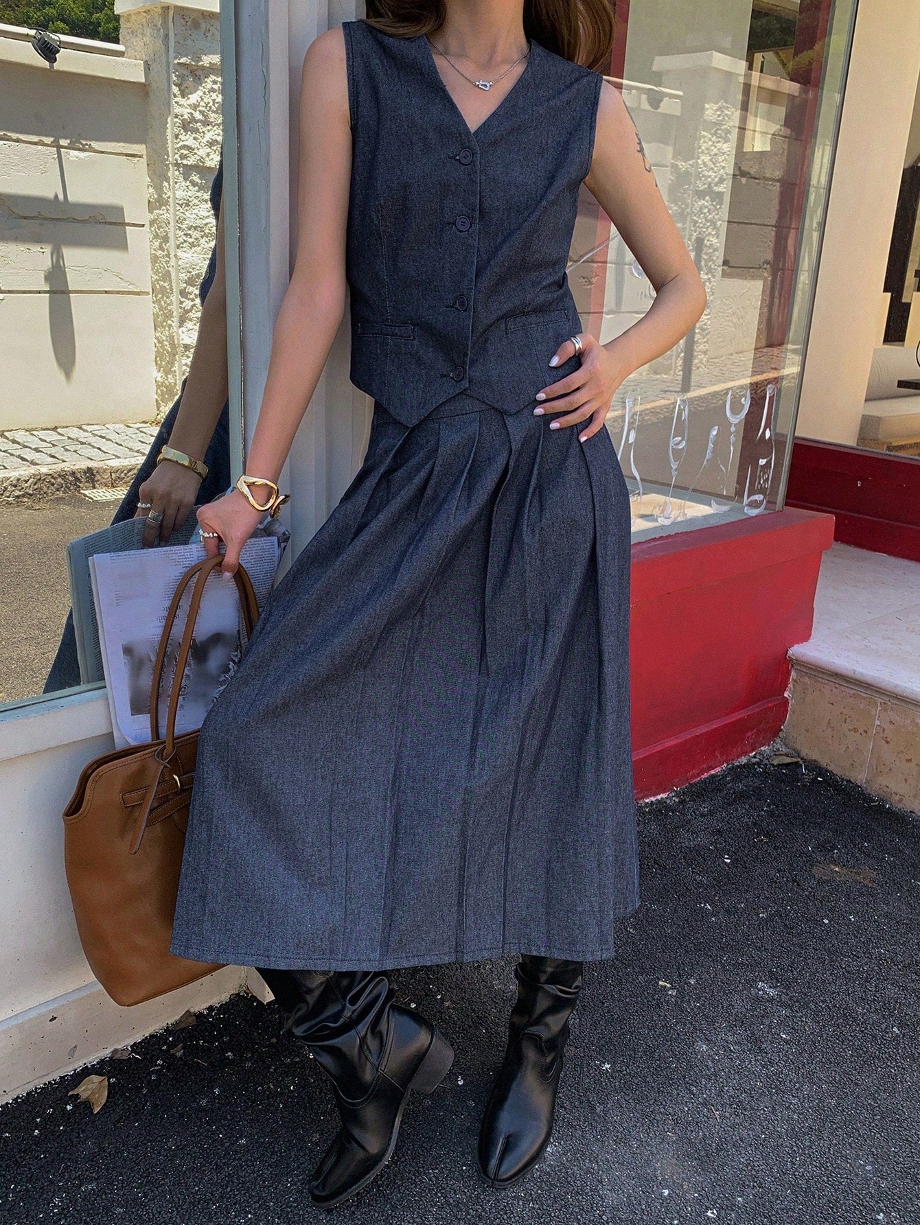CM-SS609002 Women Casual Seoul Style Sleeveless Fitted V-Neck Vest With Pleated Long Skirt Denim - Set