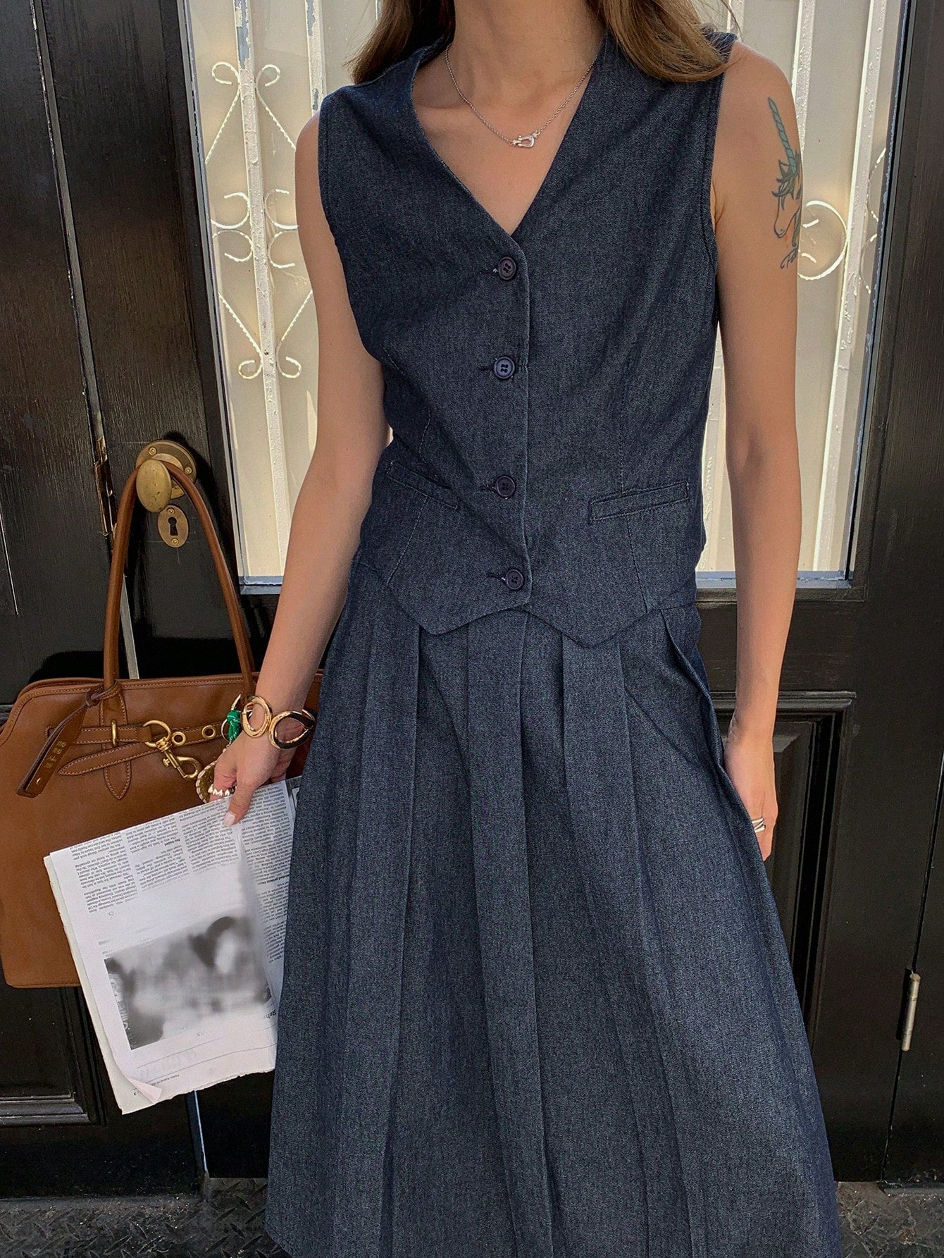 CM-SS609002 Women Casual Seoul Style Sleeveless Fitted V-Neck Vest With Pleated Long Skirt Denim - Set