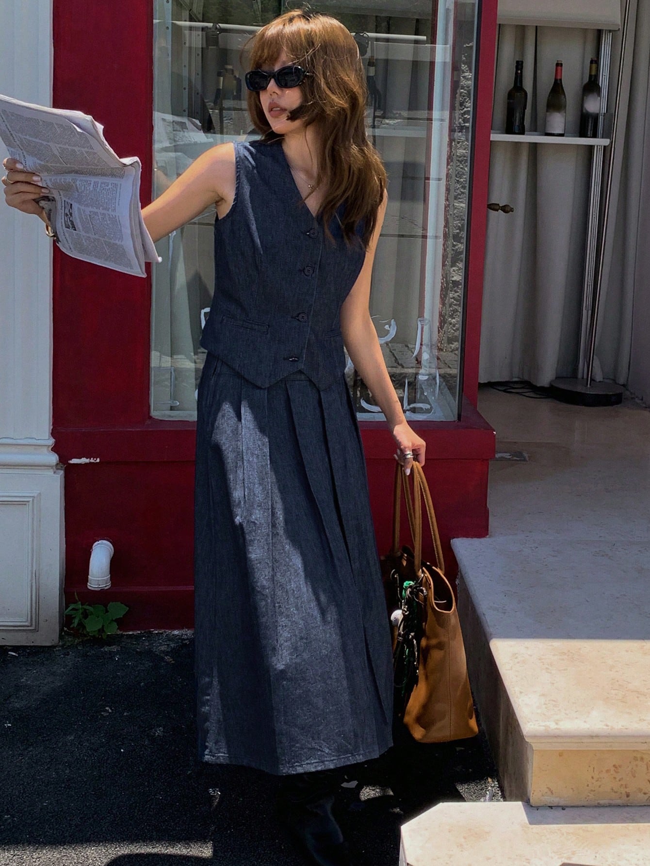 CM-SS609002 Women Casual Seoul Style Sleeveless Fitted V-Neck Vest With Pleated Long Skirt Denim - Set