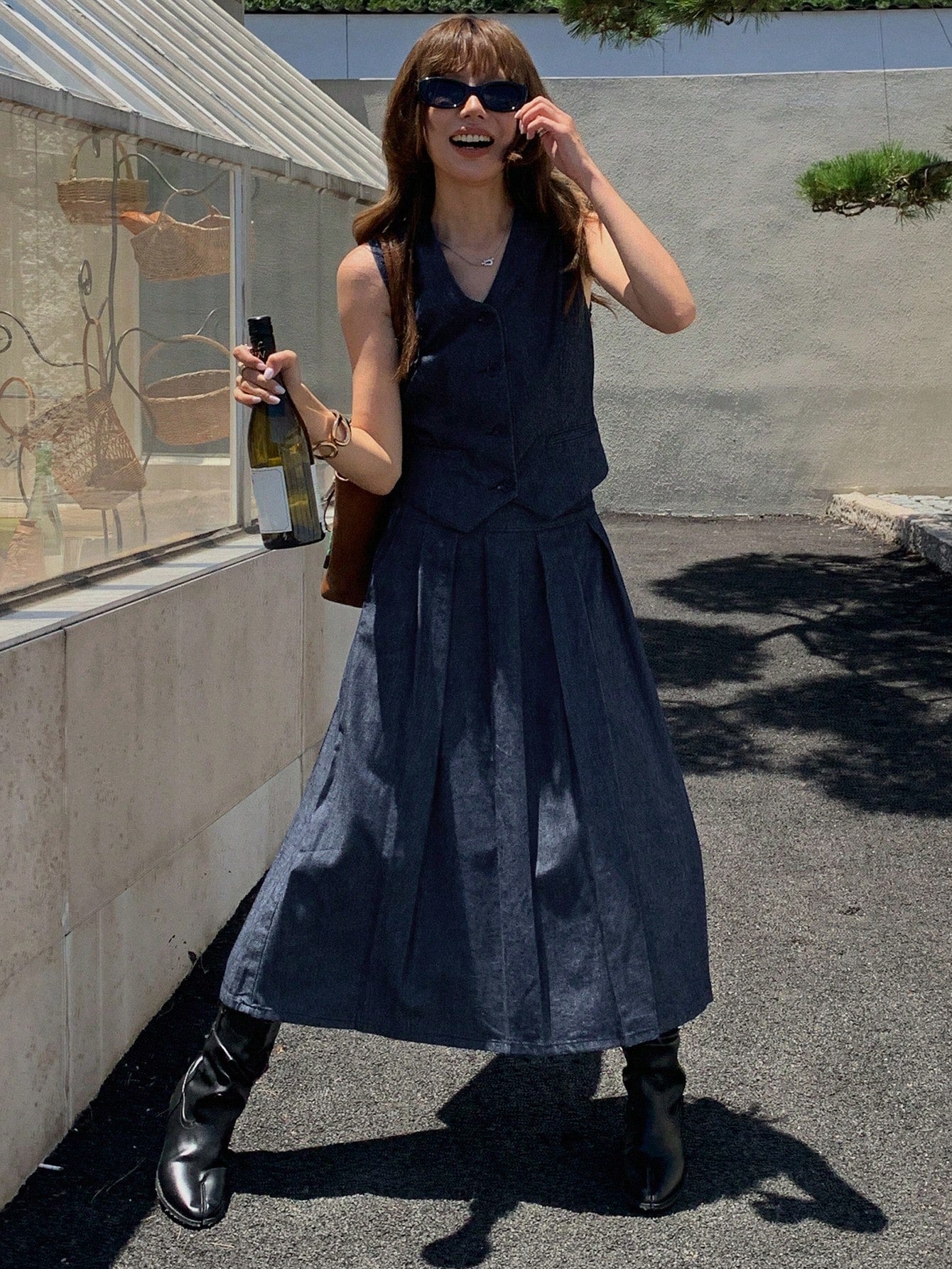 CM-SS609002 Women Casual Seoul Style Sleeveless Fitted V-Neck Vest With Pleated Long Skirt Denim - Set