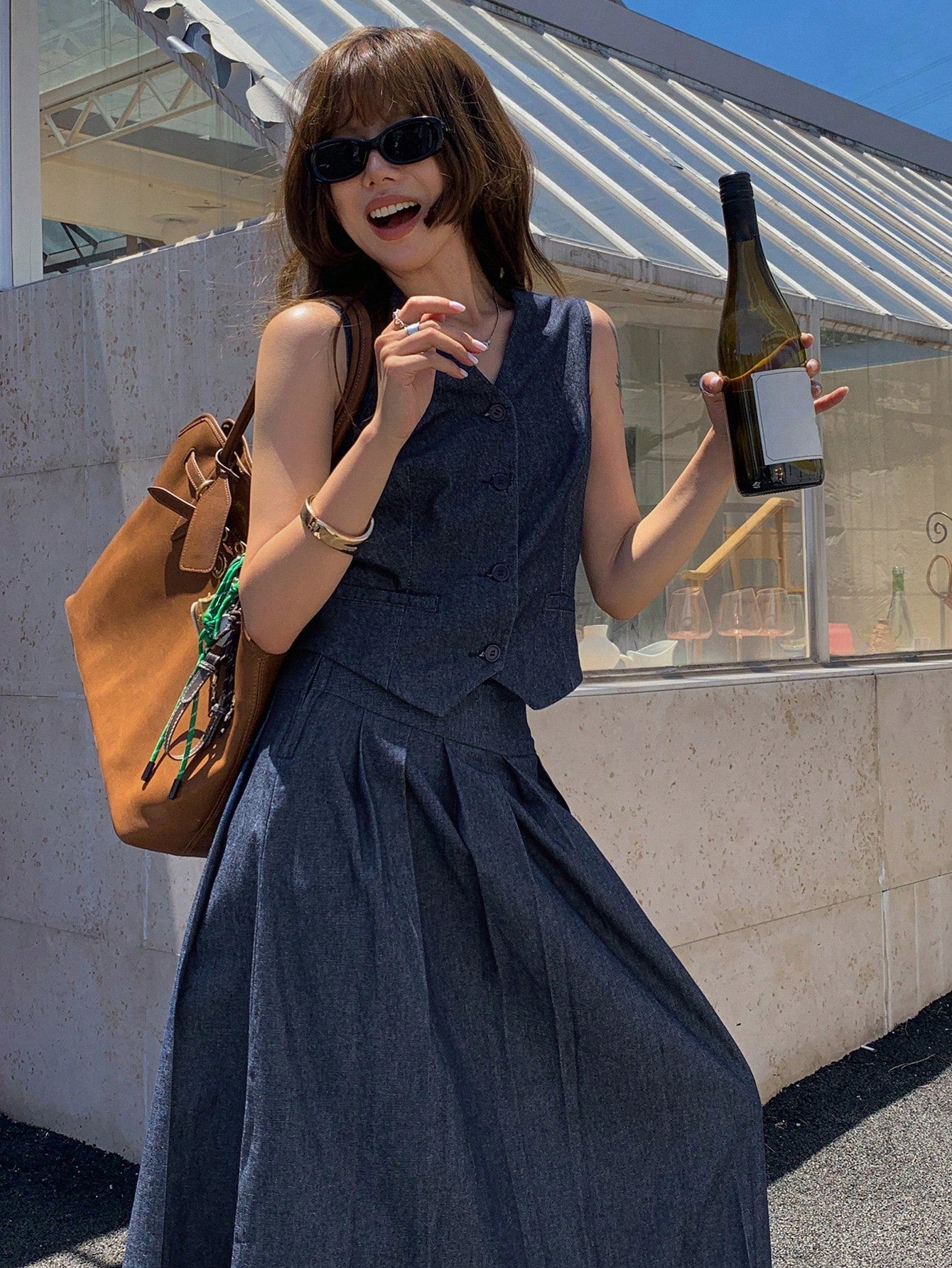 CM-SS609002 Women Casual Seoul Style Sleeveless Fitted V-Neck Vest With Pleated Long Skirt Denim - Set