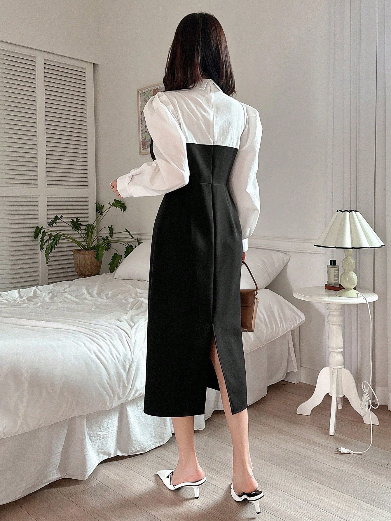 CM-DS831987 Women Elegant Seoul Style Contrast Patchwork Puff Sleeve Midi Dress - Black