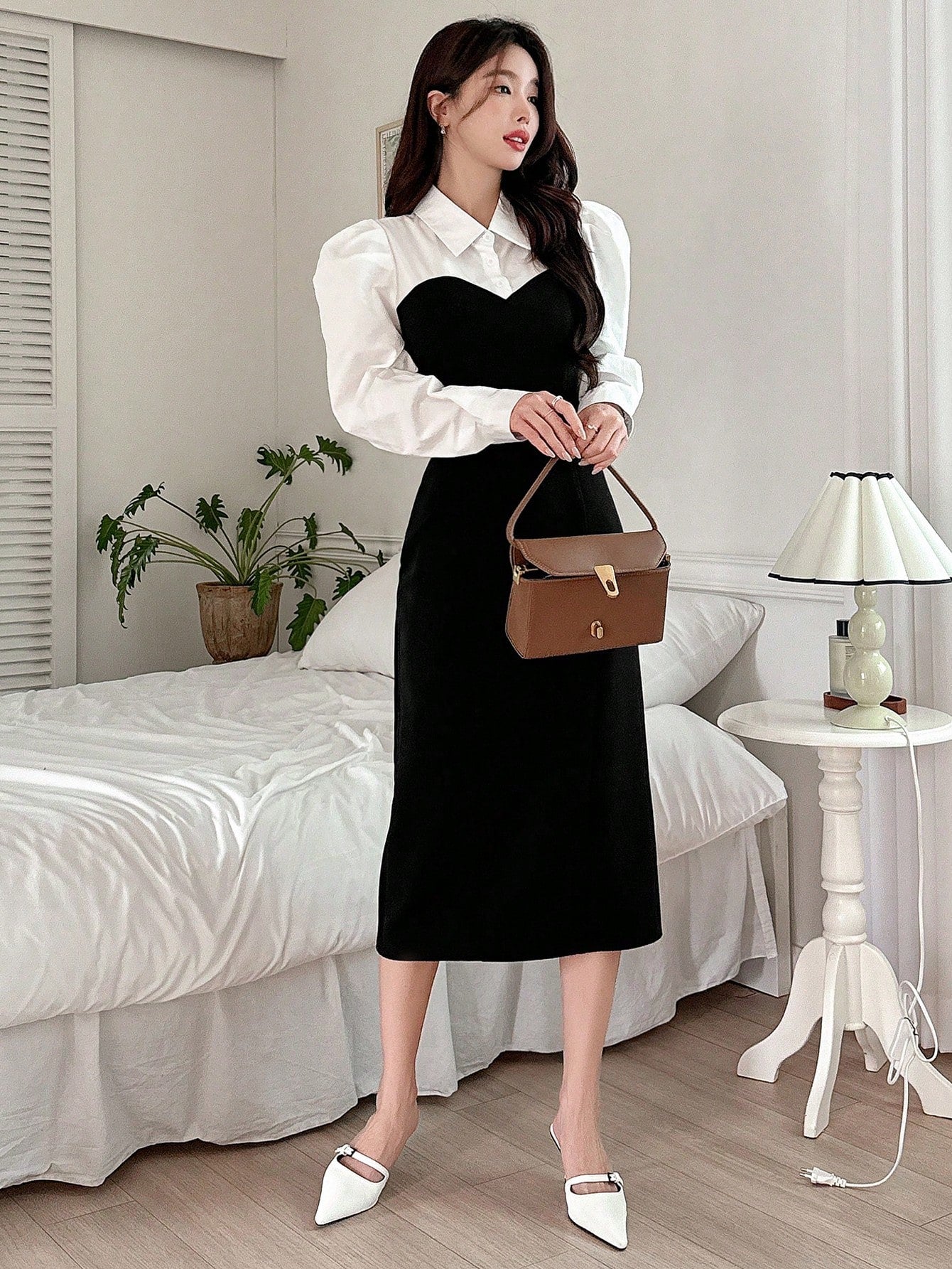 CM-DS831987 Women Elegant Seoul Style Contrast Patchwork Puff Sleeve Midi Dress - Black