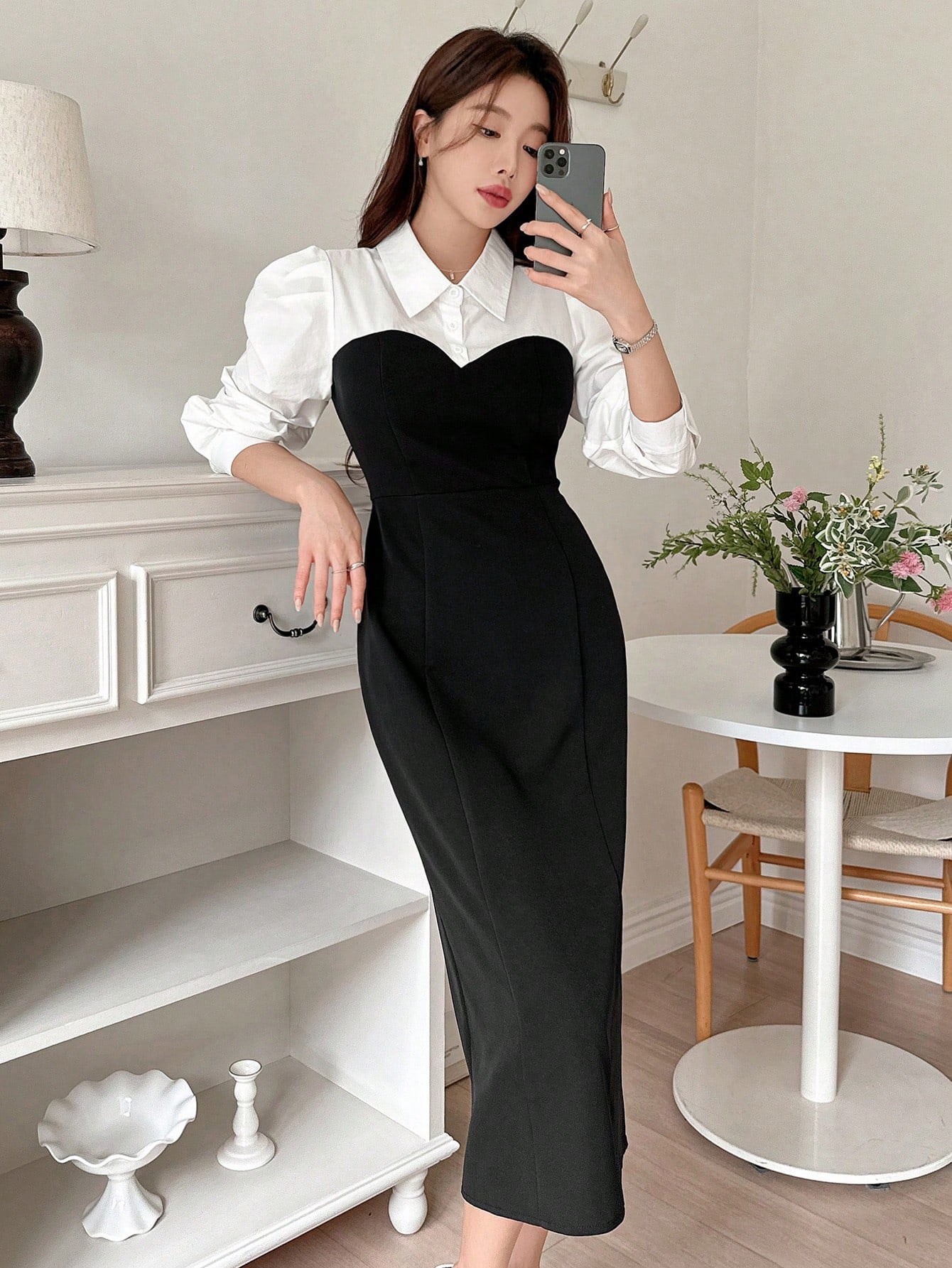 CM-DS831987 Women Elegant Seoul Style Contrast Patchwork Puff Sleeve Midi Dress - Black