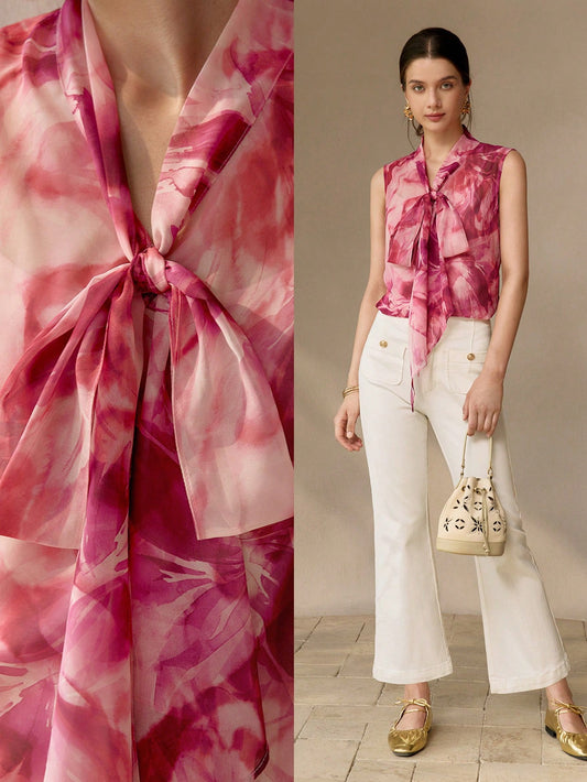 CM-TS202115 Women Elegant Seoul Style Chiffon All-Over Print Tie Neck Sleeveless Blouse