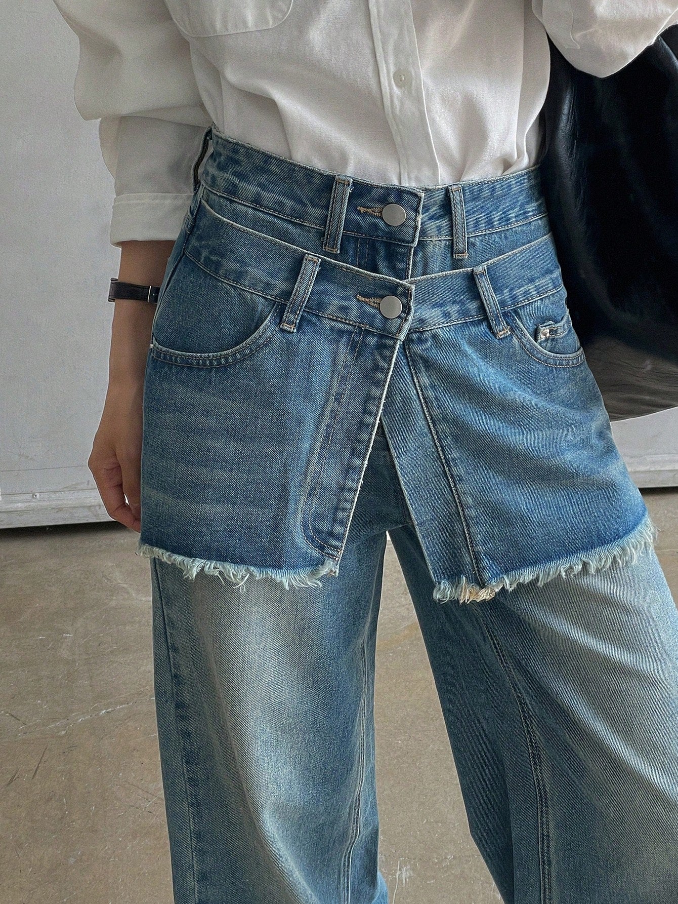 CM-BS681916 Women Casual Seoul Style Double-Layer Washed Wide-Leg Jeans - Blue