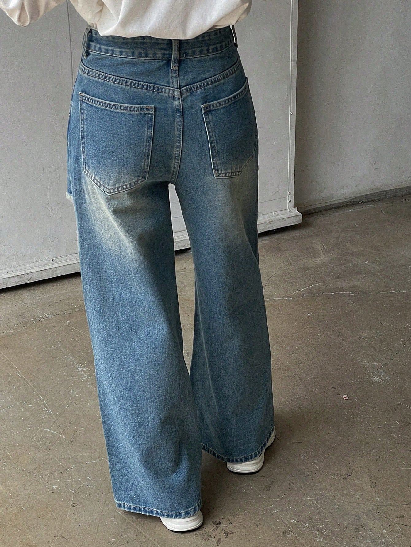 CM-BS681916 Women Casual Seoul Style Double-Layer Washed Wide-Leg Jeans - Blue