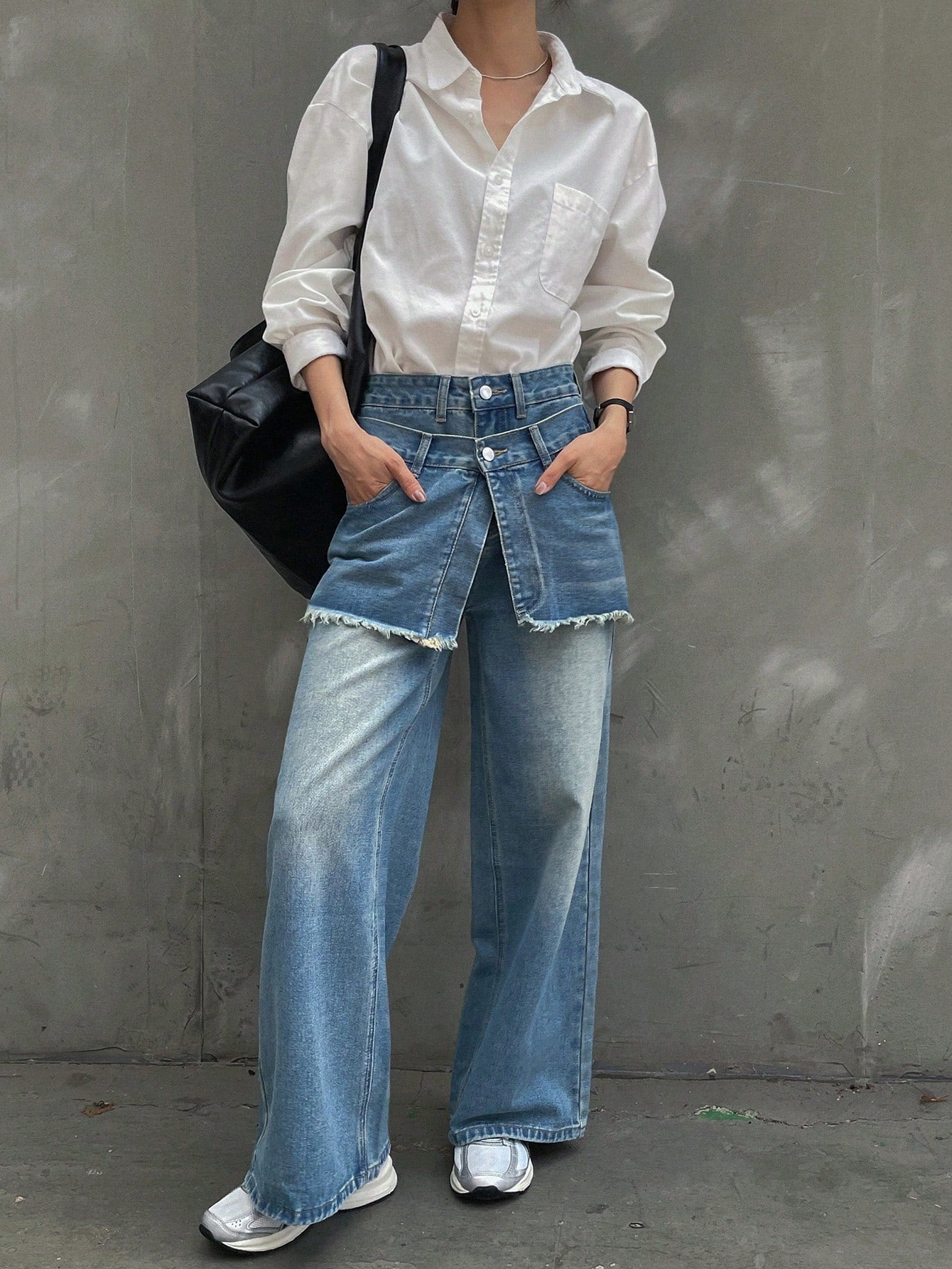 CM-BS681916 Women Casual Seoul Style Double-Layer Washed Wide-Leg Jeans - Blue