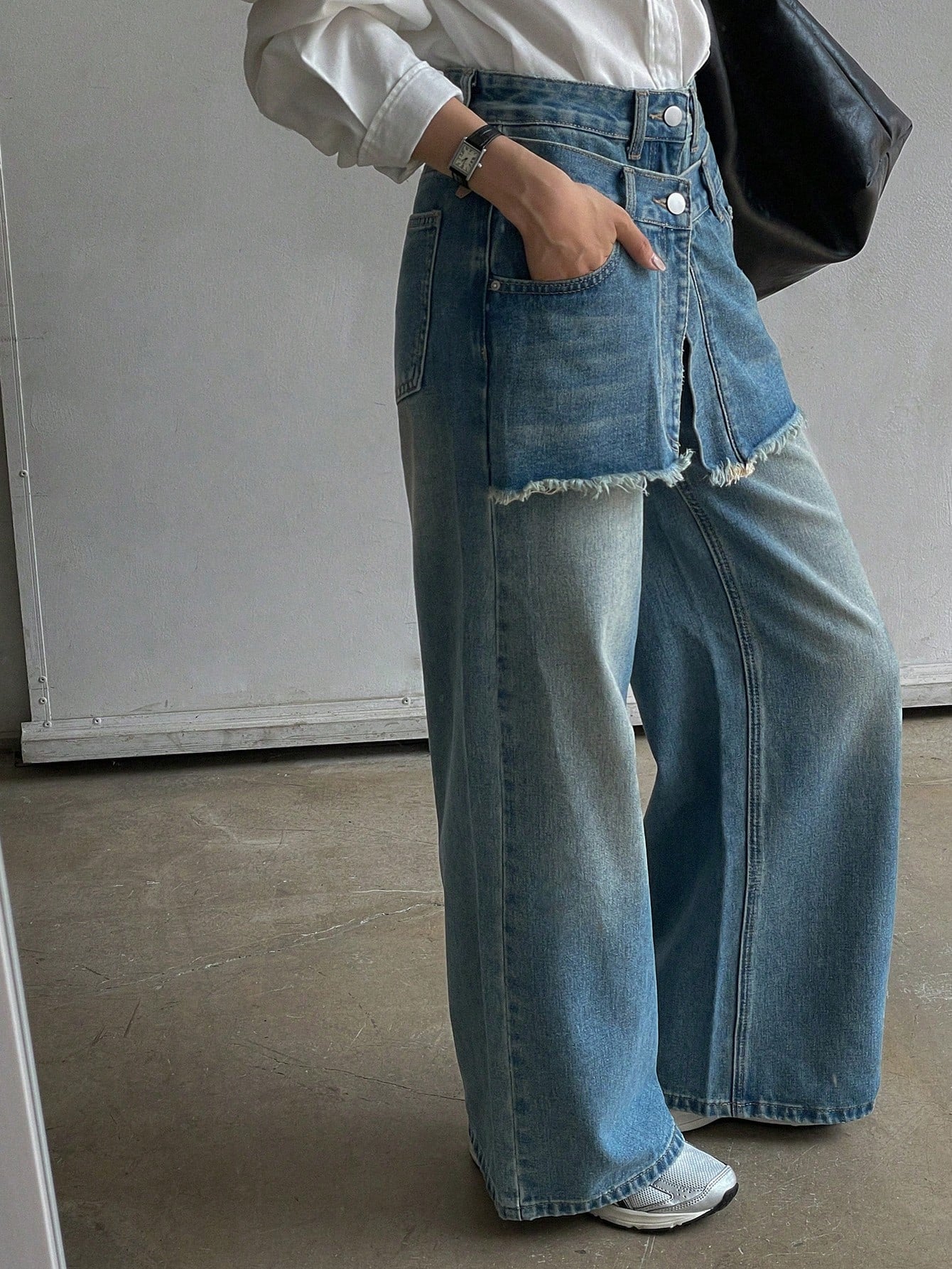 CM-BS681916 Women Casual Seoul Style Double-Layer Washed Wide-Leg Jeans - Blue