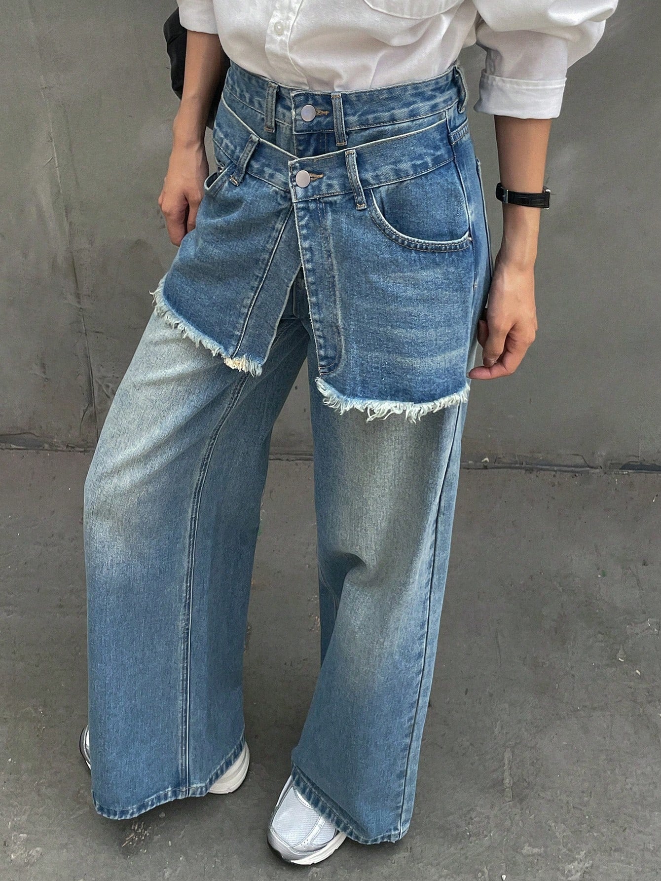 CM-BS681916 Women Casual Seoul Style Double-Layer Washed Wide-Leg Jeans - Blue