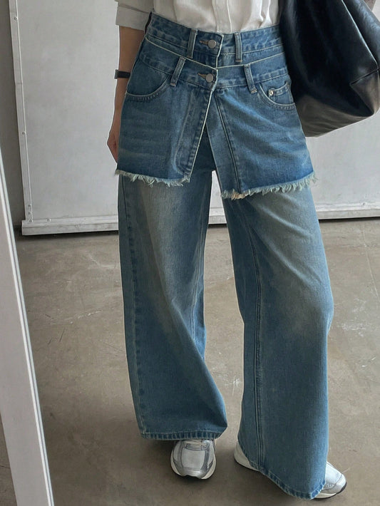 CM-BS681916 Women Casual Seoul Style Double-Layer Washed Wide-Leg Jeans - Blue