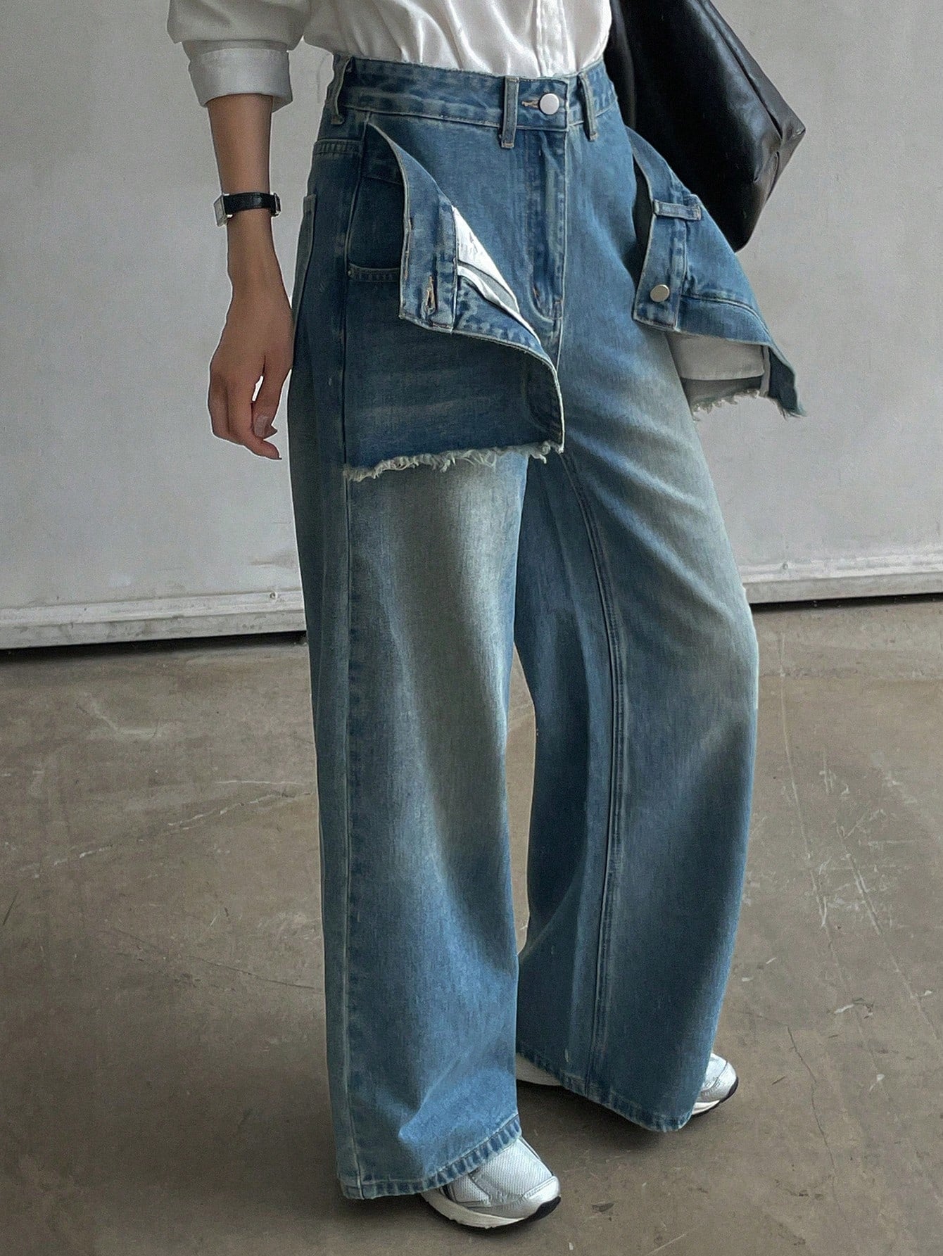 CM-BS681916 Women Casual Seoul Style Double-Layer Washed Wide-Leg Jeans - Blue