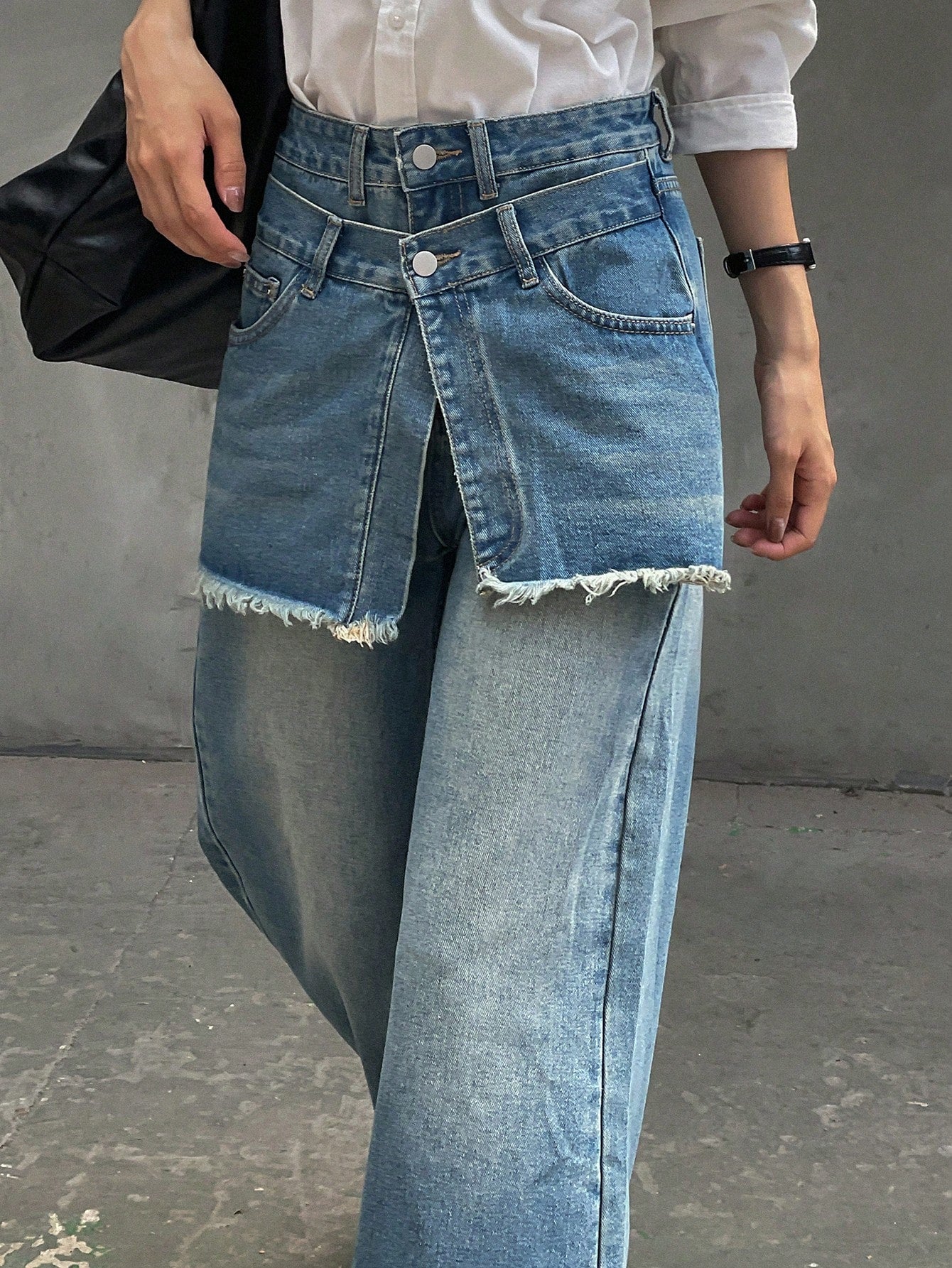 CM-BS681916 Women Casual Seoul Style Double-Layer Washed Wide-Leg Jeans - Blue