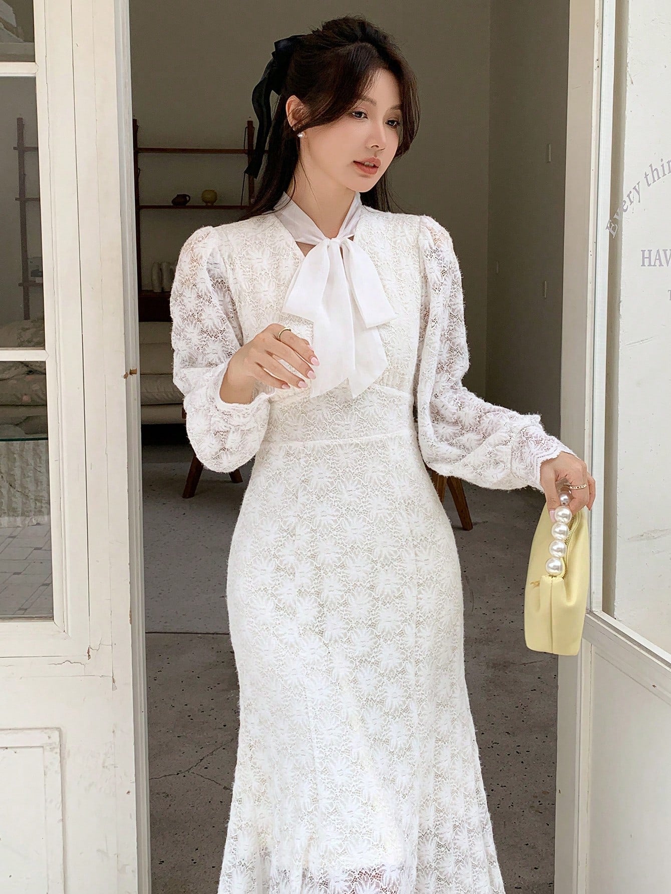 CM-DS535255 Women Elegant Seoul Style Tie Neck Long Sleeve Lace-Up A-Line Dress - White