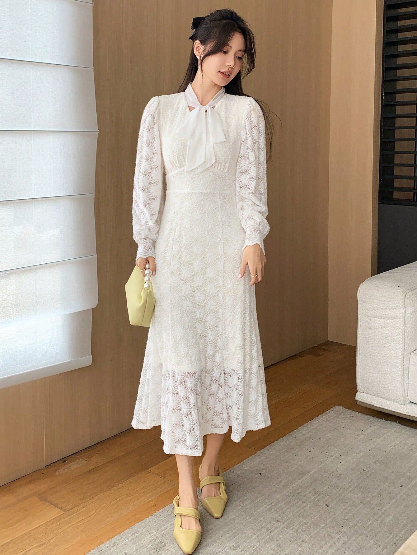 CM-DS535255 Women Elegant Seoul Style Tie Neck Long Sleeve Lace-Up A-Line Dress - White
