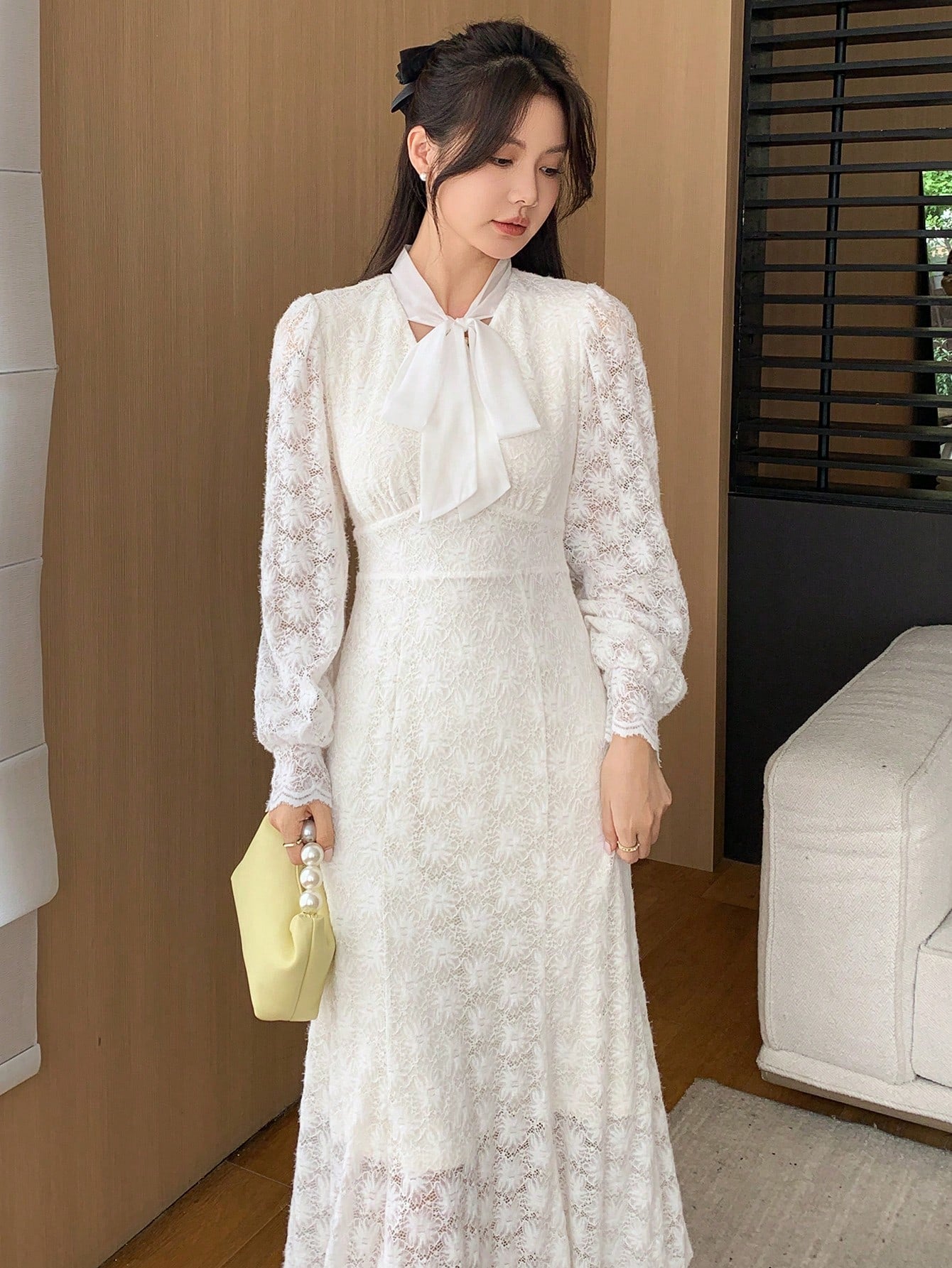 CM-DS535255 Women Elegant Seoul Style Tie Neck Long Sleeve Lace-Up A-Line Dress - White