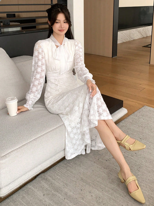 CM-DS535255 Women Elegant Seoul Style Tie Neck Long Sleeve Lace-Up A-Line Dress - White