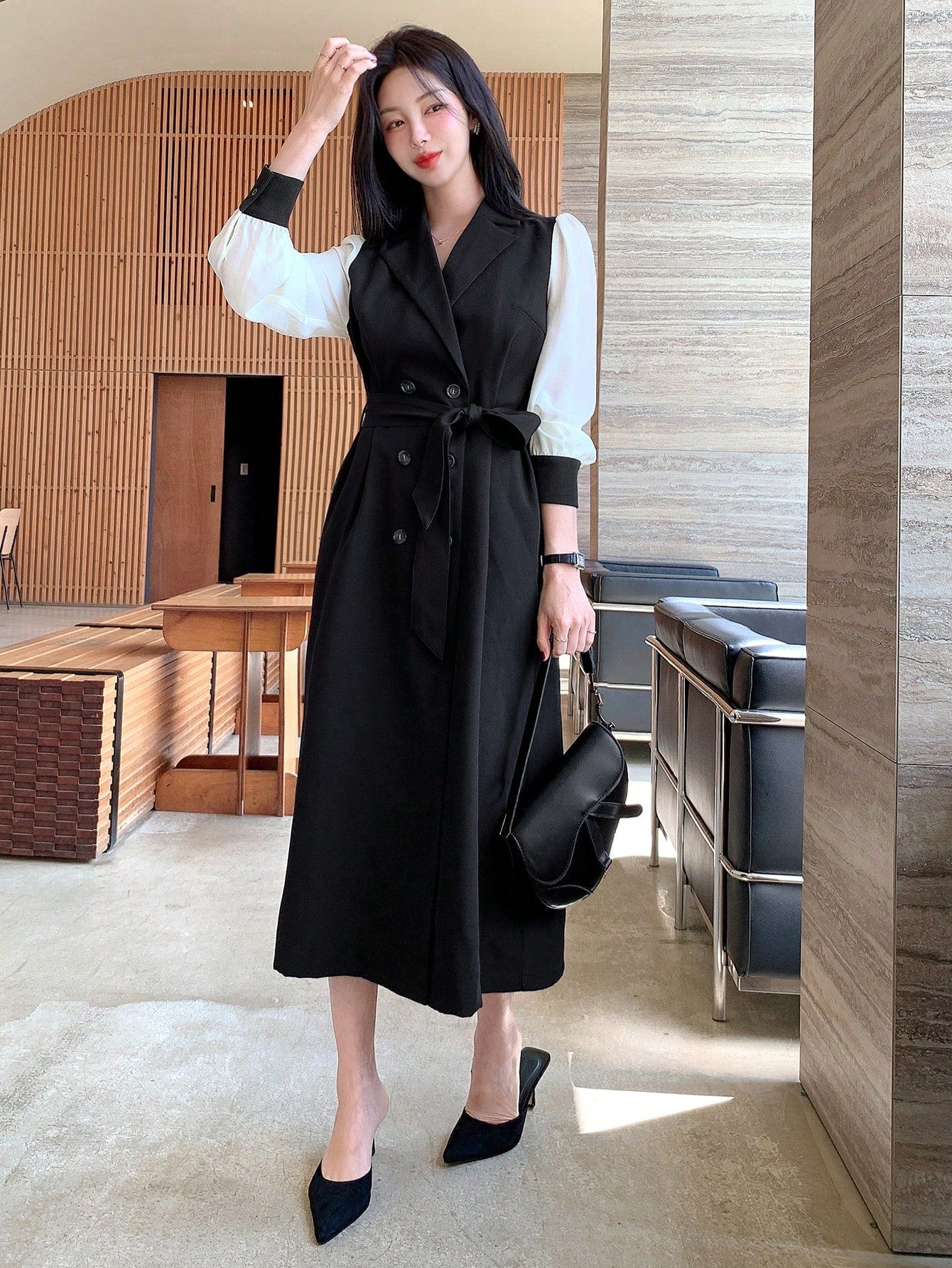 CM-DS484969 Women Elegant Seoul Style Double-Breasted Lapel Neckline Long Sleeve Dress