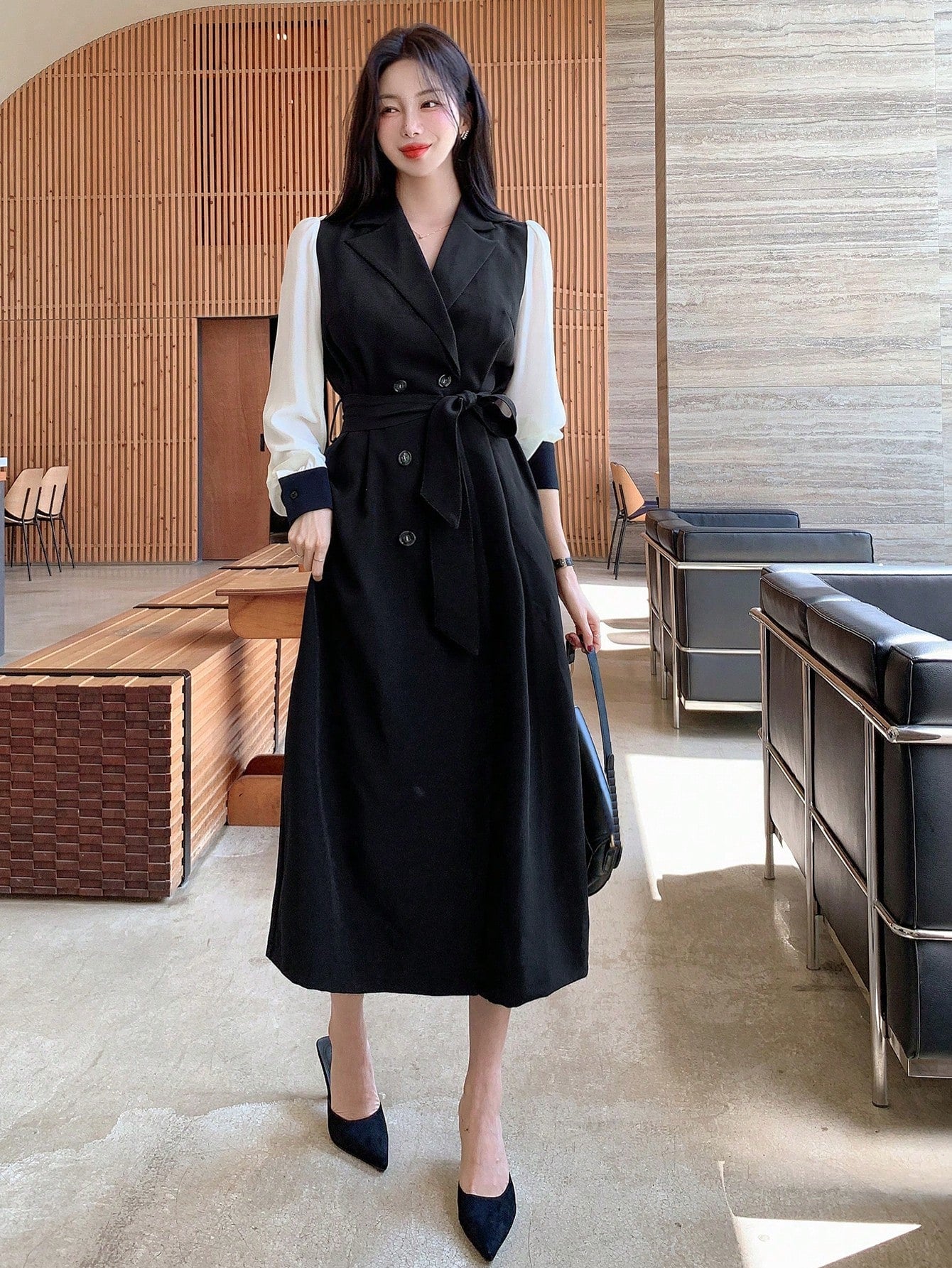 CM-DS484969 Women Elegant Seoul Style Double-Breasted Lapel Neckline Long Sleeve Dress