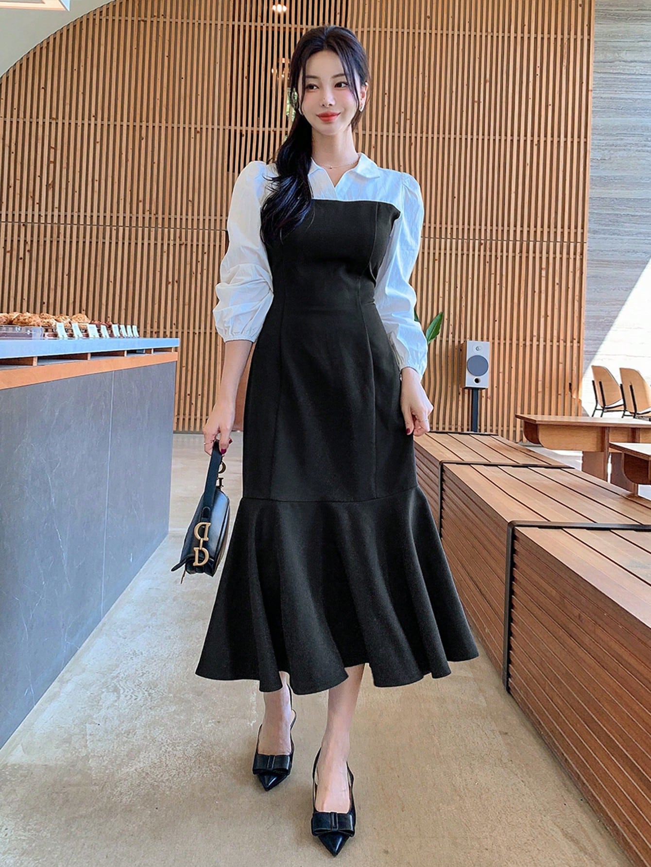 CM-DS320364 Women Elegant Seoul Style Color Block Patchwork Fishtail Hem 2 In 1 Dress