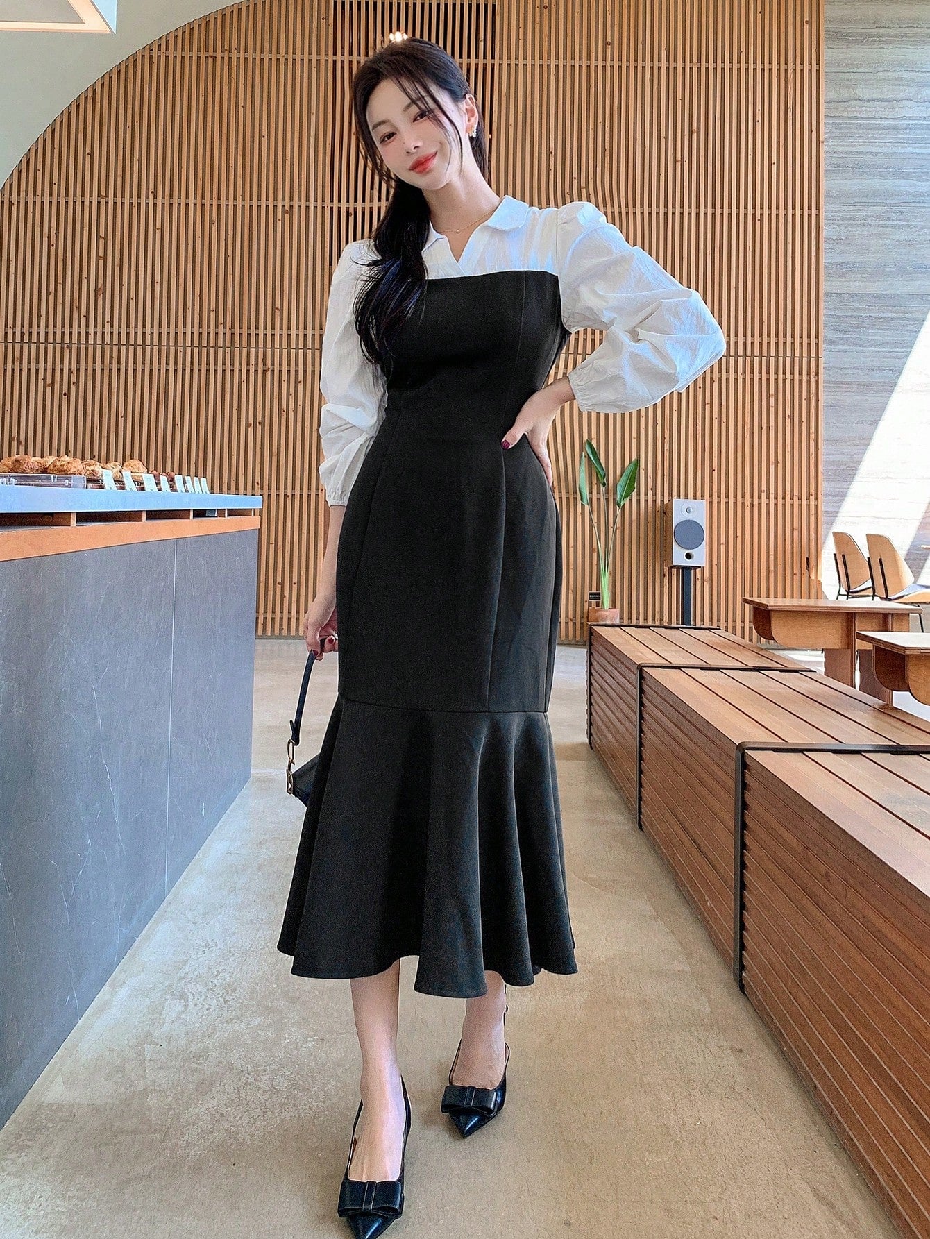 CM-DS320364 Women Elegant Seoul Style Color Block Patchwork Fishtail Hem 2 In 1 Dress