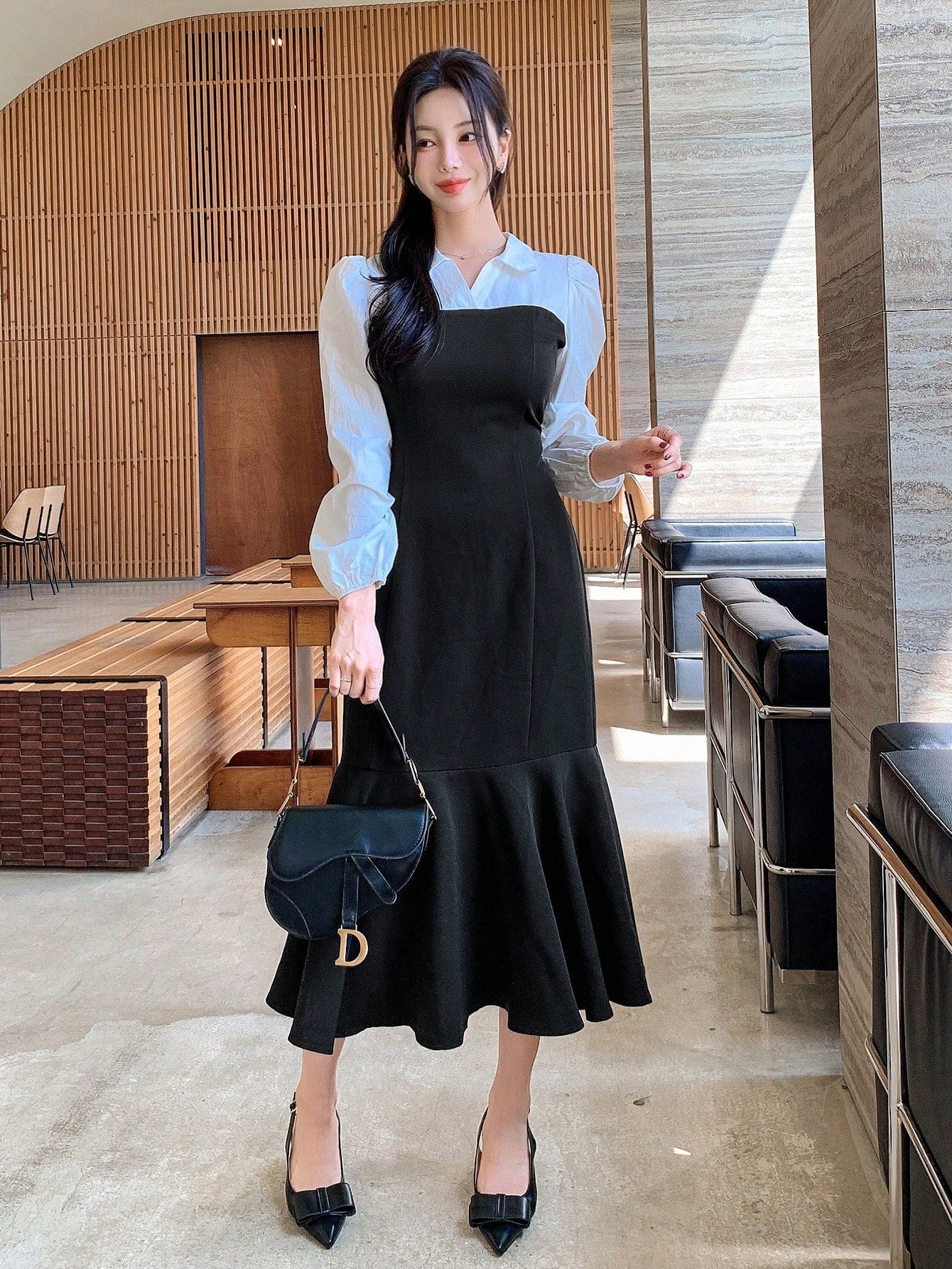 CM-DS320364 Women Elegant Seoul Style Color Block Patchwork Fishtail Hem 2 In 1 Dress