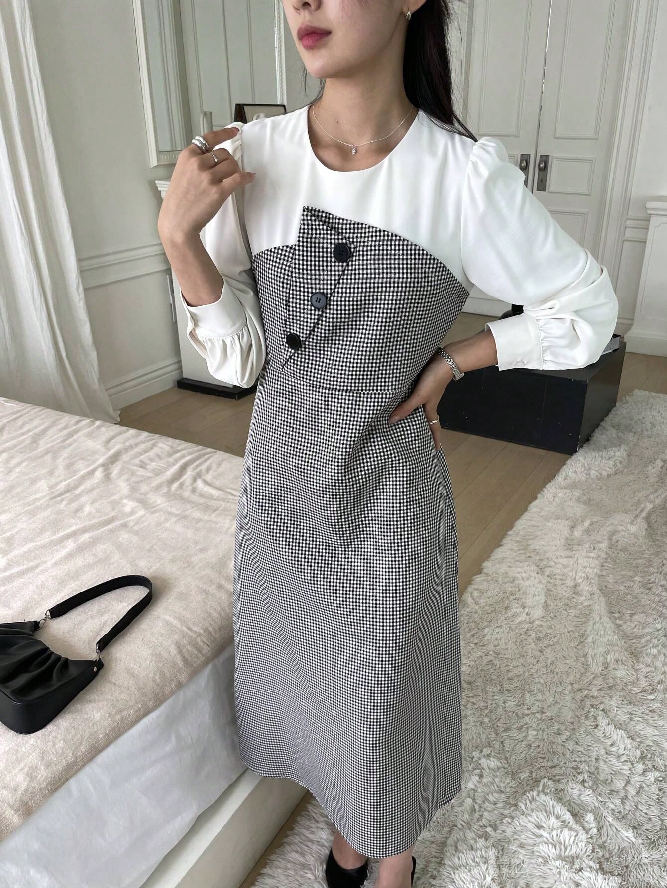 CM-DS115431 Women Casual Seoul Style Color-Block Round Neck Long Sleeve Front Button Dress