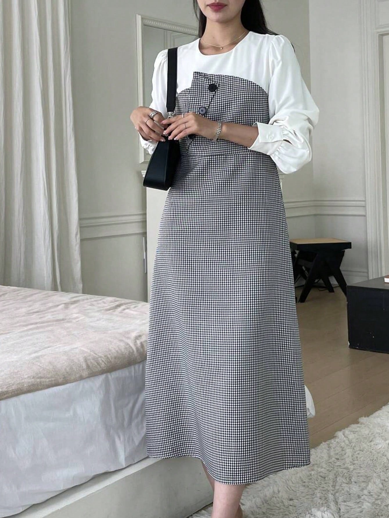 CM-DS115431 Women Casual Seoul Style Color-Block Round Neck Long Sleeve Front Button Dress