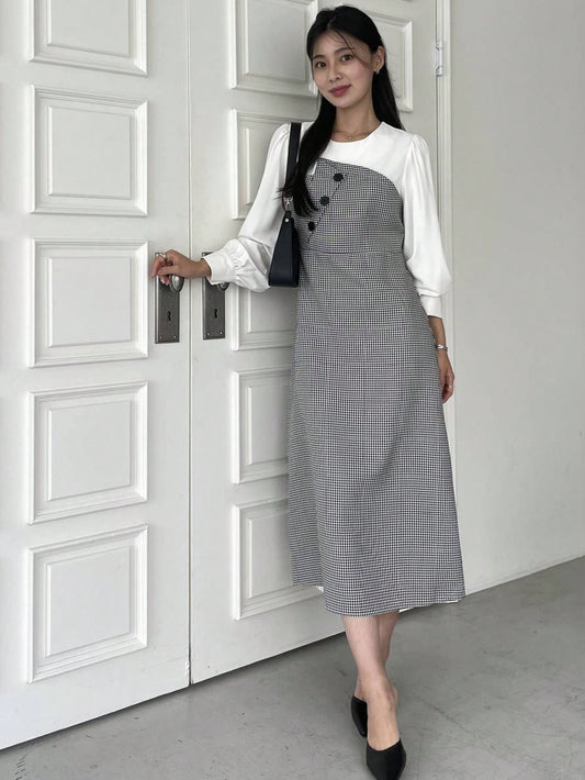 CM-DS115431 Women Casual Seoul Style Color-Block Round Neck Long Sleeve Front Button Dress