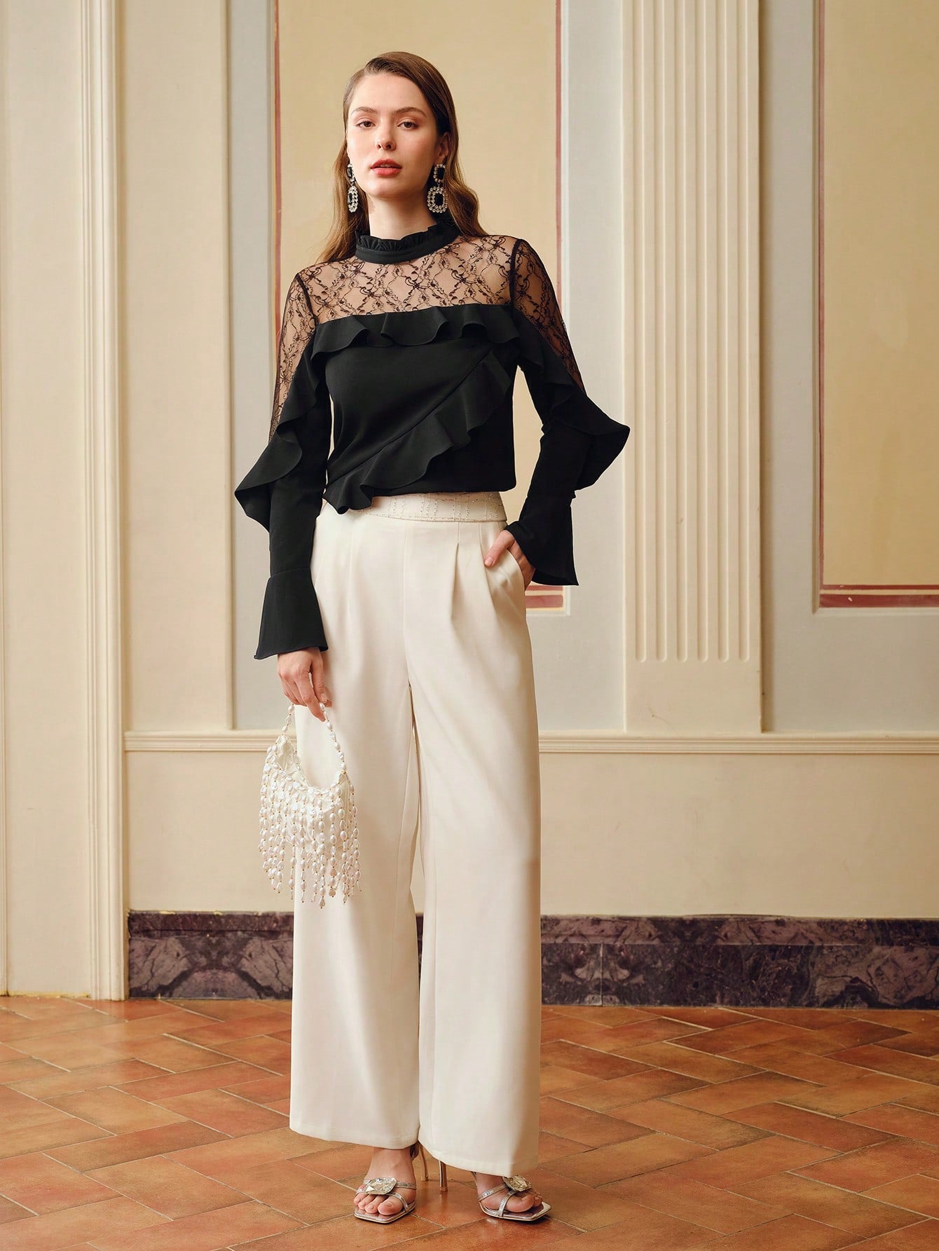 CM-TS983687 Women Elegant Seoul Style Frill Mock Neck Lace Yoke Ruffle Trim Long Sleeve Blouse - Black