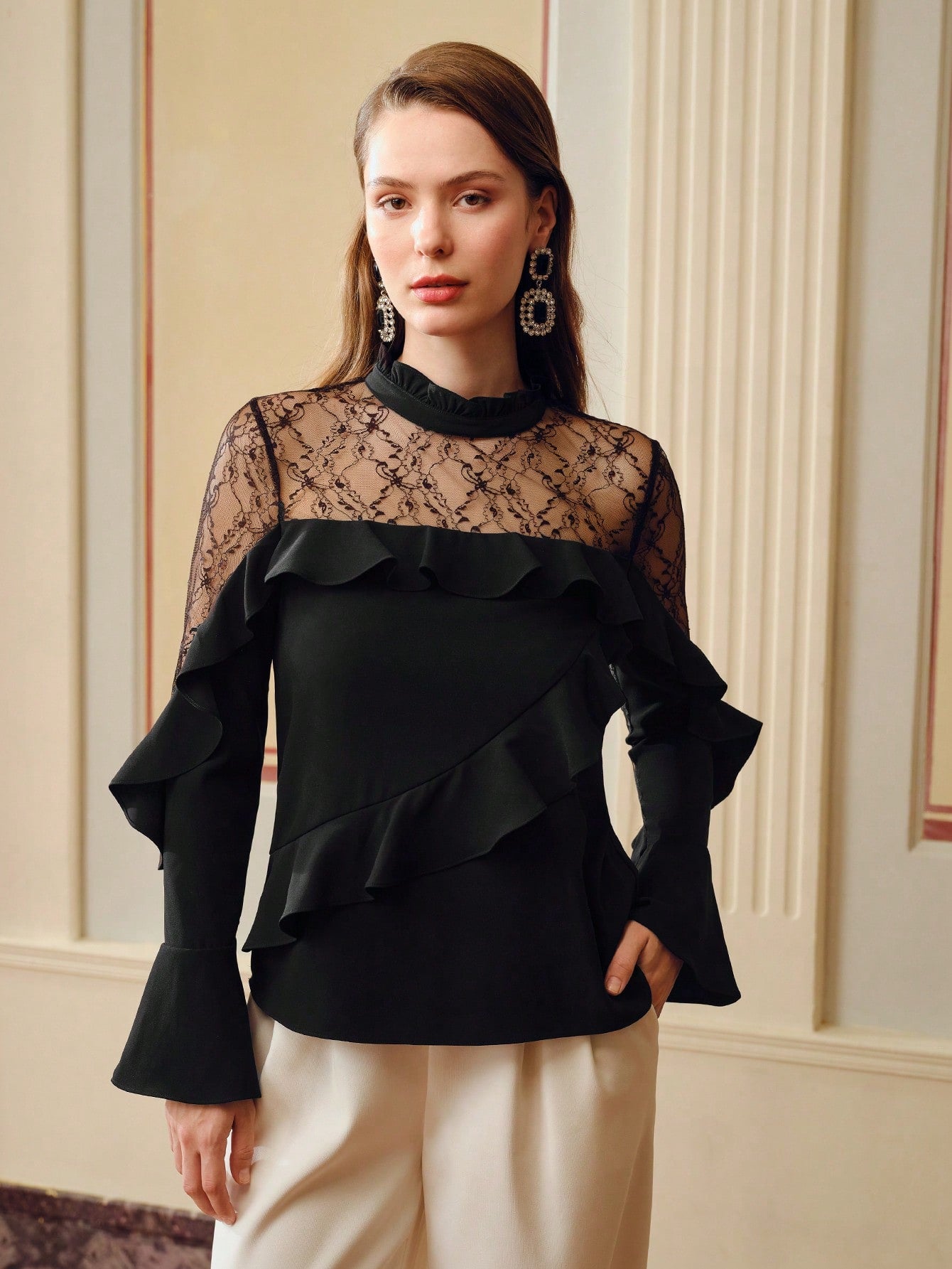 CM-TS983687 Women Elegant Seoul Style Frill Mock Neck Lace Yoke Ruffle Trim Long Sleeve Blouse - Black