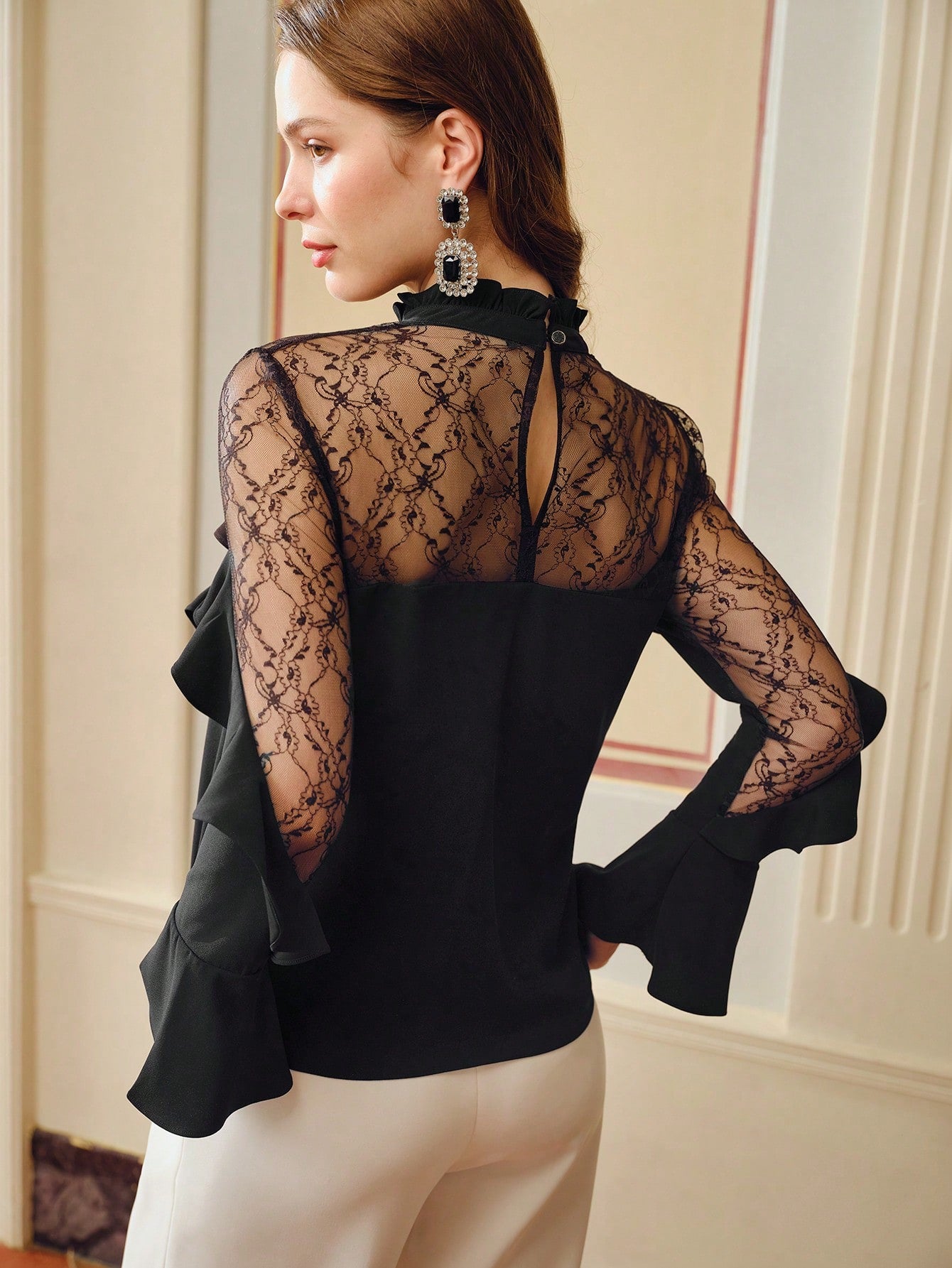 CM-TS983687 Women Elegant Seoul Style Frill Mock Neck Lace Yoke Ruffle Trim Long Sleeve Blouse - Black