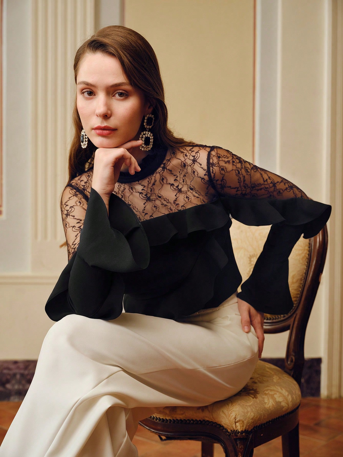 CM-TS983687 Women Elegant Seoul Style Frill Mock Neck Lace Yoke Ruffle Trim Long Sleeve Blouse - Black