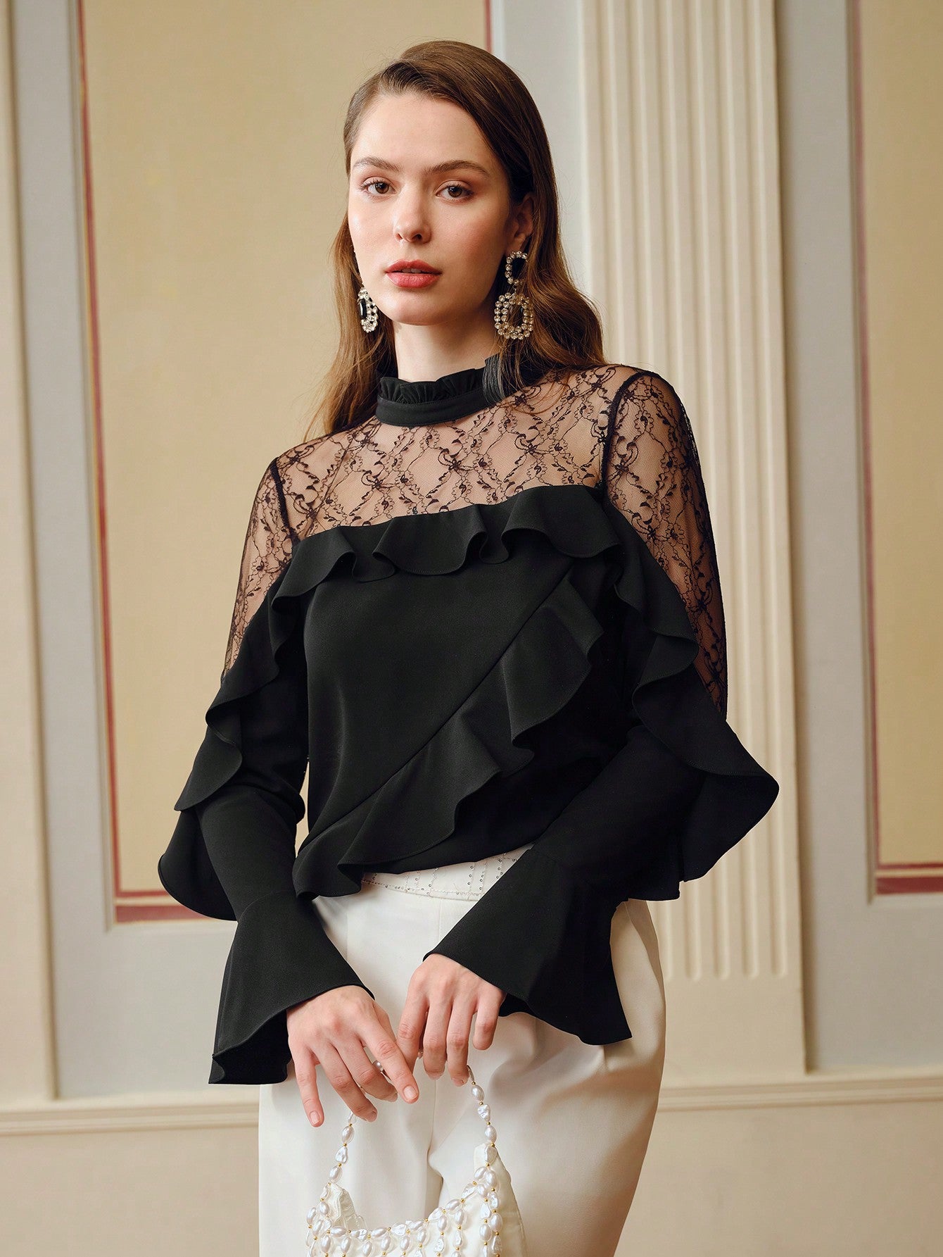 CM-TS983687 Women Elegant Seoul Style Frill Mock Neck Lace Yoke Ruffle Trim Long Sleeve Blouse - Black