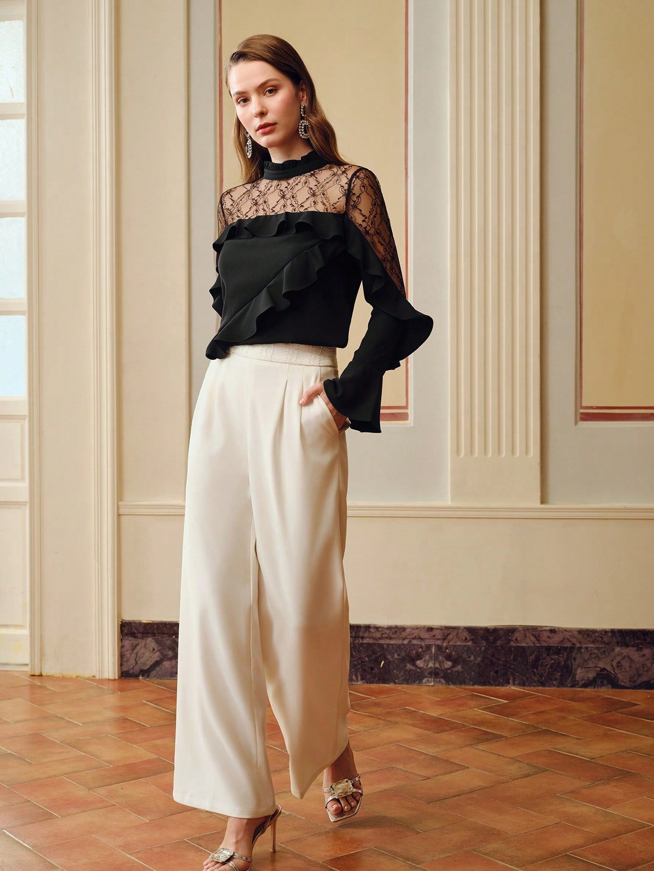 CM-TS983687 Women Elegant Seoul Style Frill Mock Neck Lace Yoke Ruffle Trim Long Sleeve Blouse - Black