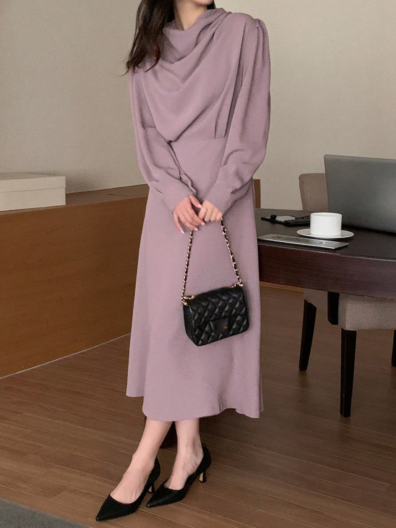 CM-DS305639 Women Casual Seoul Style Solid Color Cinched Waist Drop Shoulder Dress