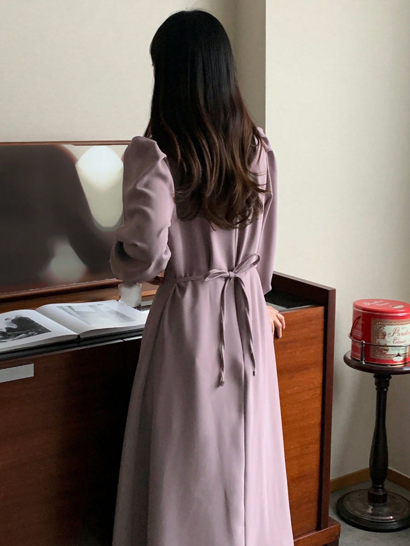 CM-DS305639 Women Casual Seoul Style Solid Color Cinched Waist Drop Shoulder Dress