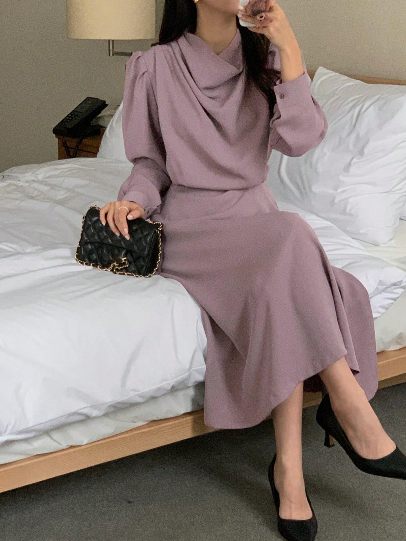 CM-DS305639 Women Casual Seoul Style Solid Color Cinched Waist Drop Shoulder Dress