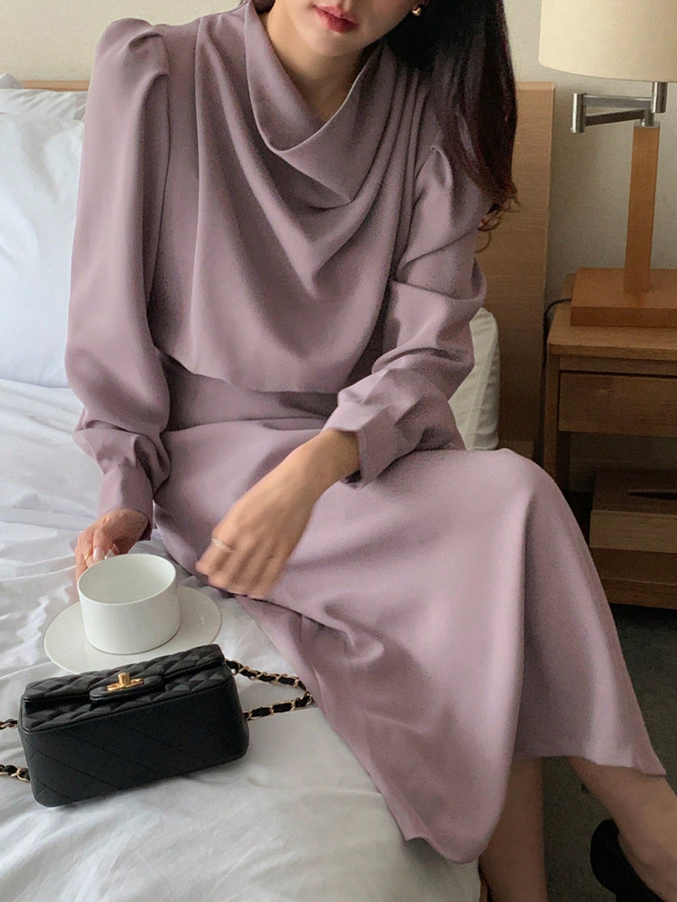 CM-DS305639 Women Casual Seoul Style Solid Color Cinched Waist Drop Shoulder Dress