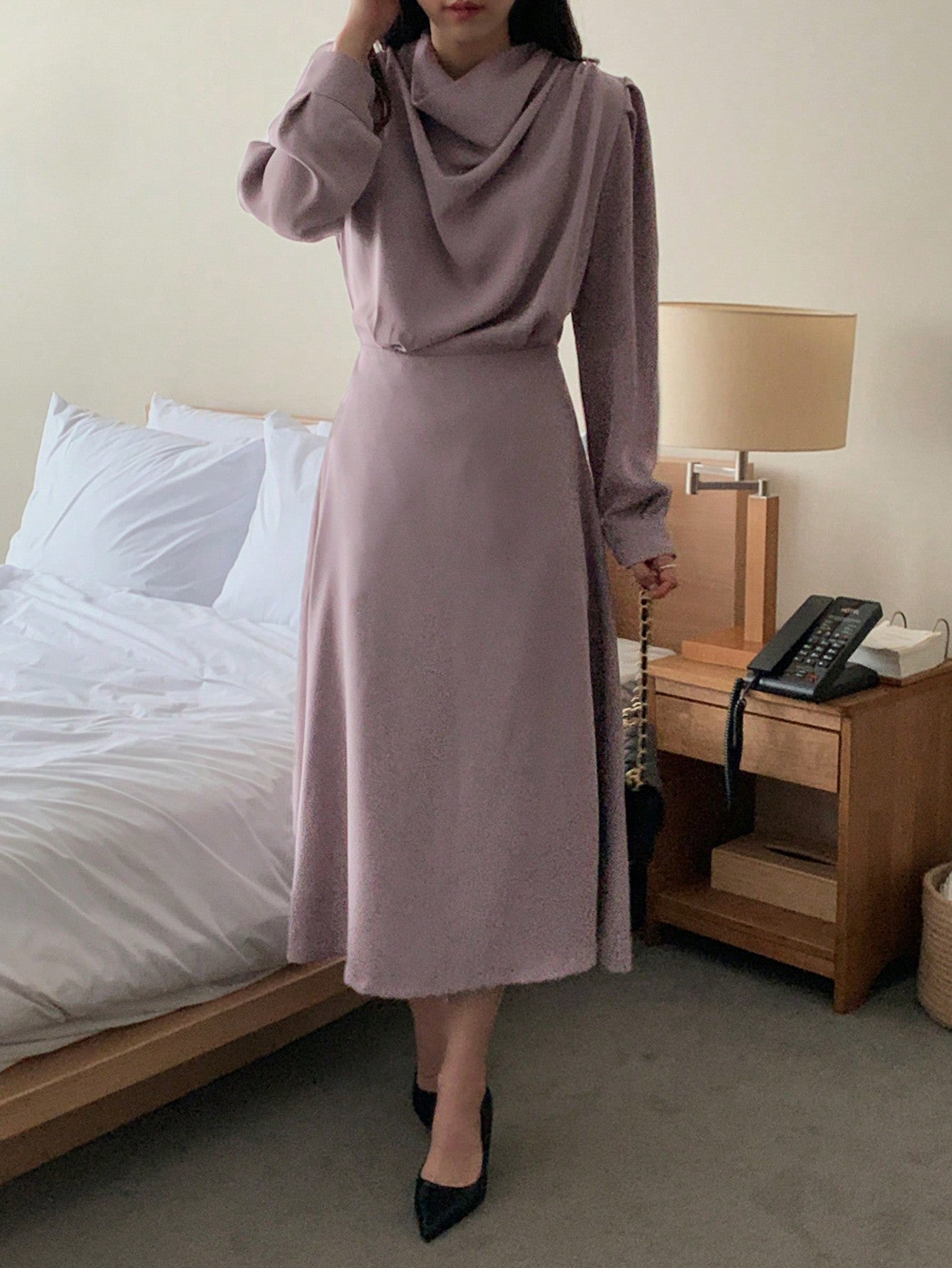 CM-DS305639 Women Casual Seoul Style Solid Color Cinched Waist Drop Shoulder Dress
