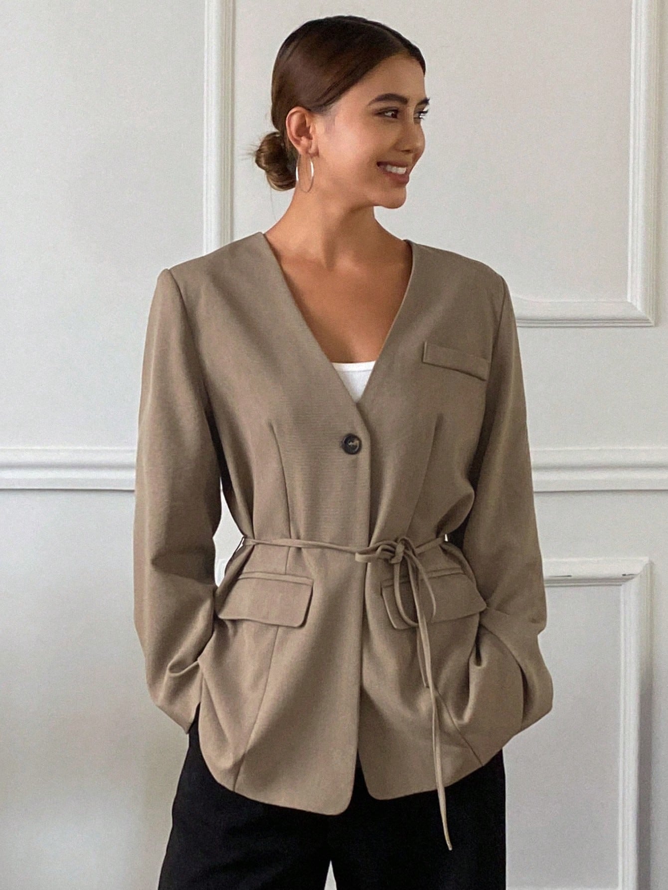 CM-CS603713 Women Casual Seoul Style Lapel Neckline Long Sleeve Loose Pocket Belted Blazer - Coffee Brown