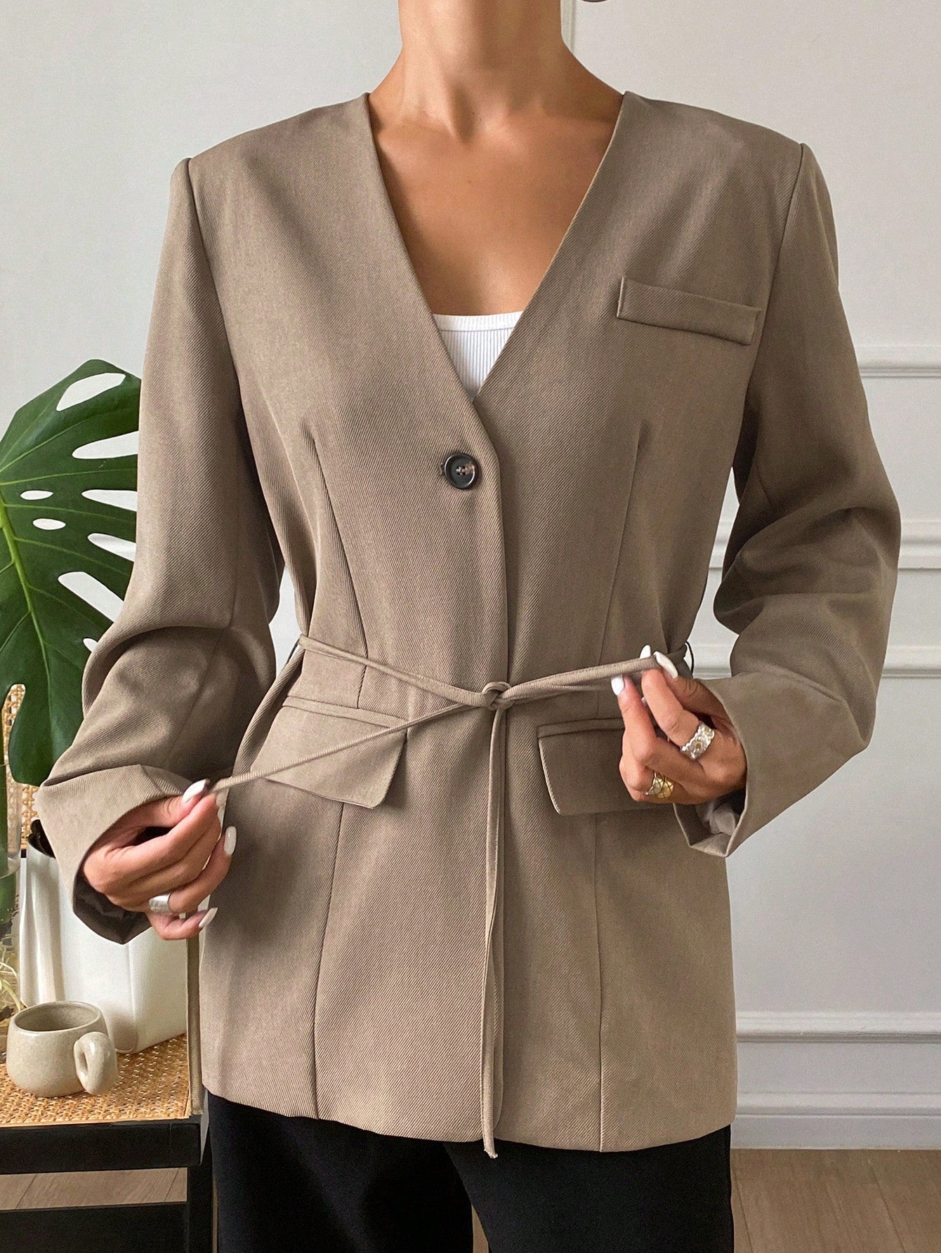 CM-CS603713 Women Casual Seoul Style Lapel Neckline Long Sleeve Loose Pocket Belted Blazer - Coffee Brown