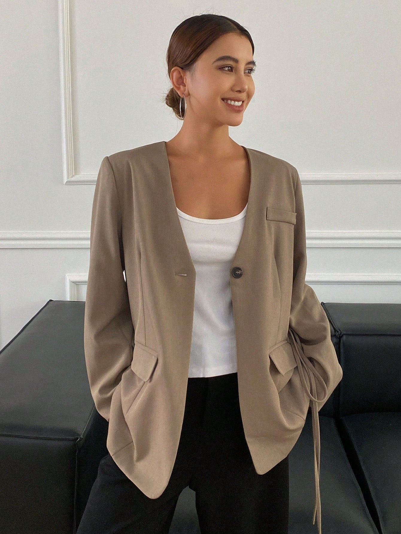 CM-CS603713 Women Casual Seoul Style Lapel Neckline Long Sleeve Loose Pocket Belted Blazer - Coffee Brown