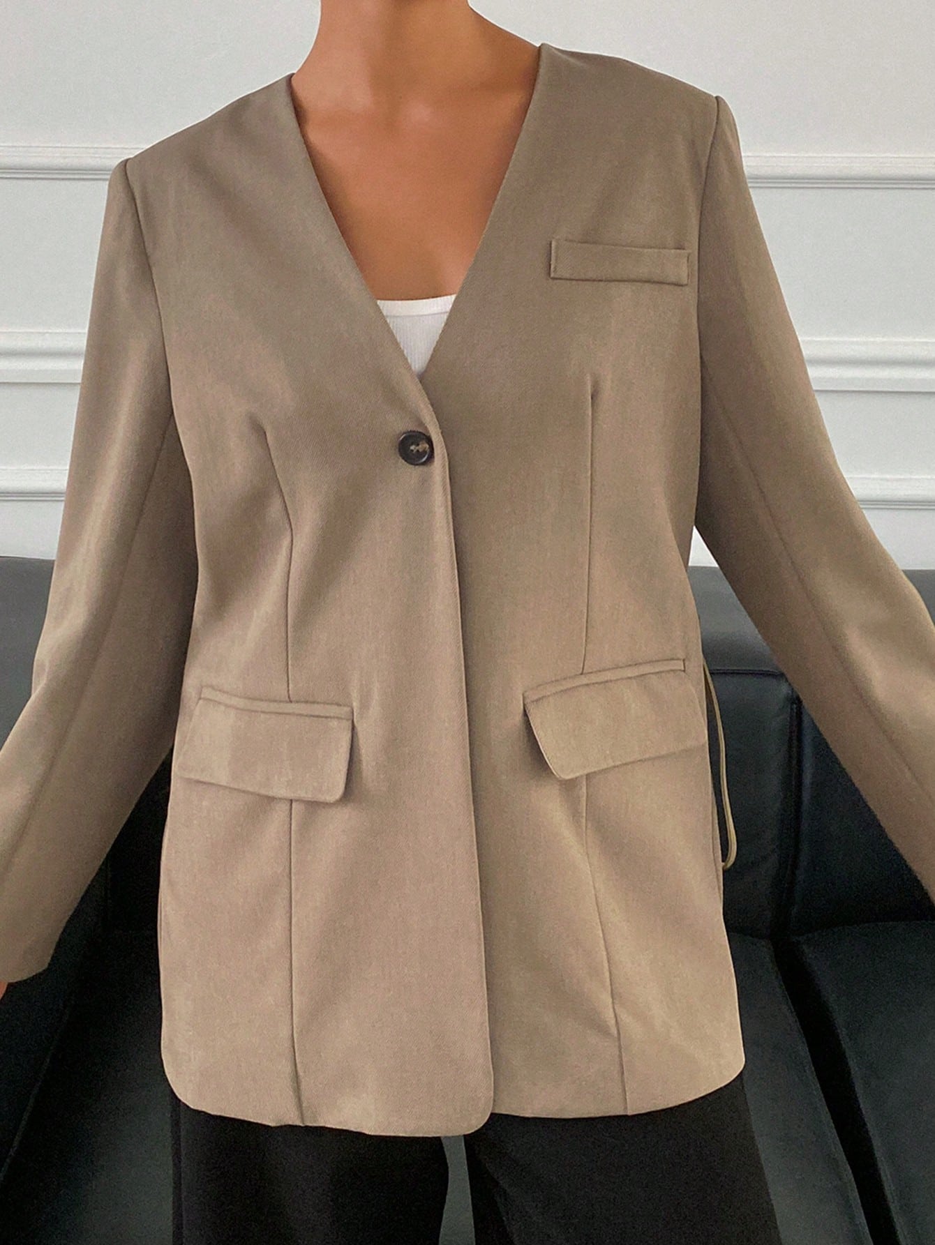CM-CS603713 Women Casual Seoul Style Lapel Neckline Long Sleeve Loose Pocket Belted Blazer - Coffee Brown