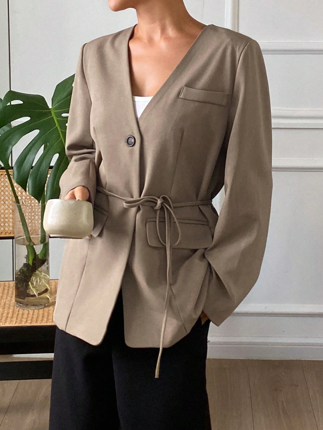 CM-CS603713 Women Casual Seoul Style Lapel Neckline Long Sleeve Loose Pocket Belted Blazer - Coffee Brown