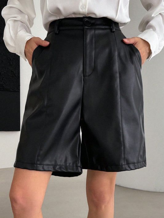 CM-BS656836 Women Casual Seoul Style Mid-Thigh Length Straight PU Leather Shorts - Black